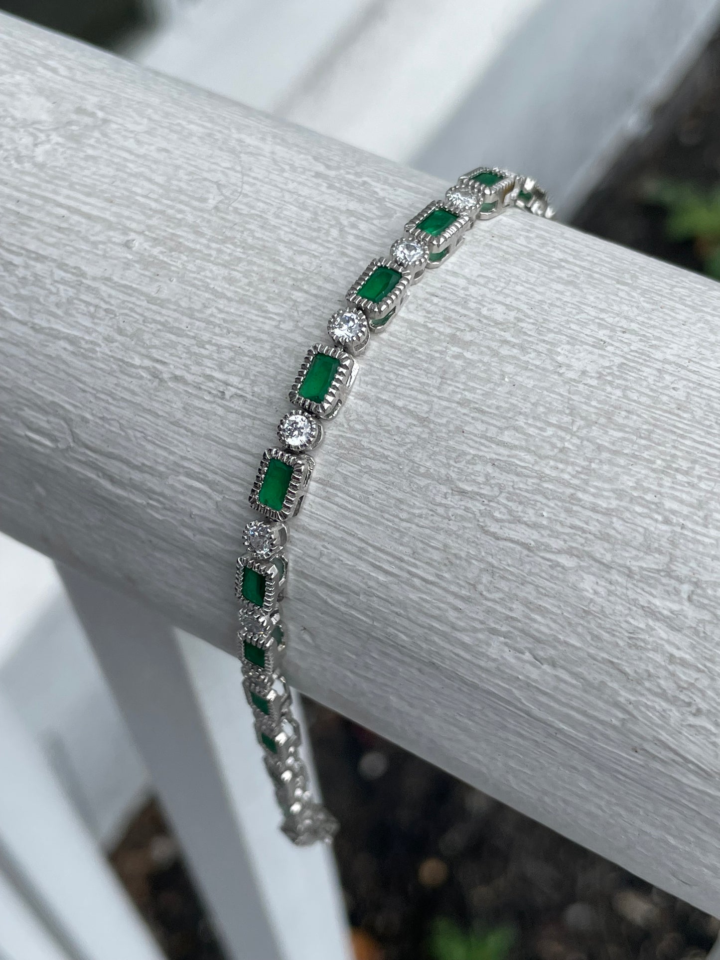 925 Sterling Silver Simulated Emerald & Cz Tennis Bracelet