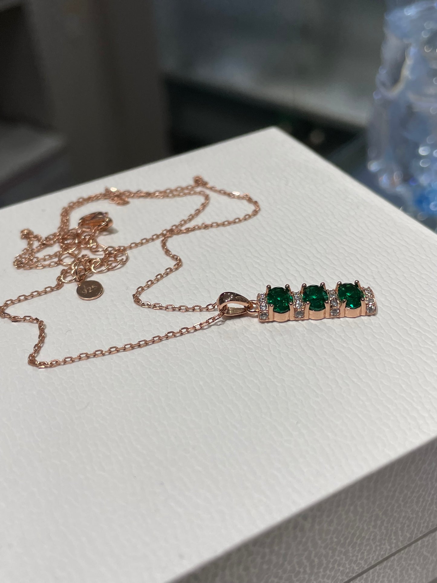 925 Sterling Silver Rose Vermeil Vertical Green Zirconia Drop Necklace