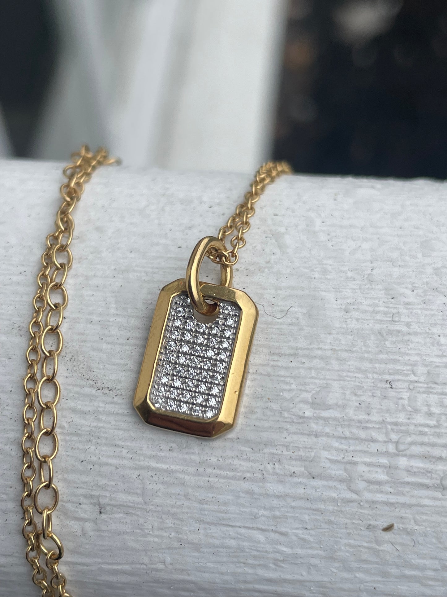 925 Sterling Silver Vermeil Mini Dogtag Necklace with Sparkling Cz. 16”-18”