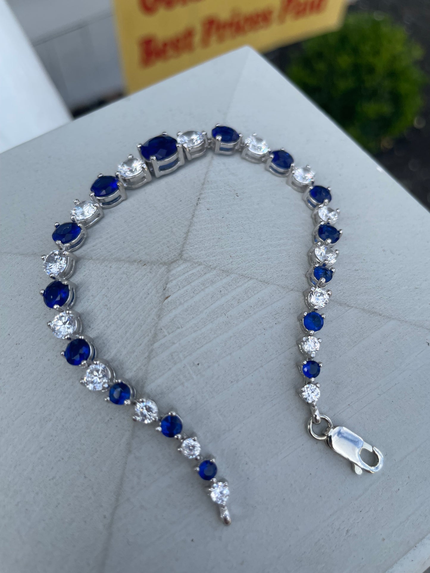 925 Sterling Silver Blue & Clear Cz Graduated Tennis Bracelet