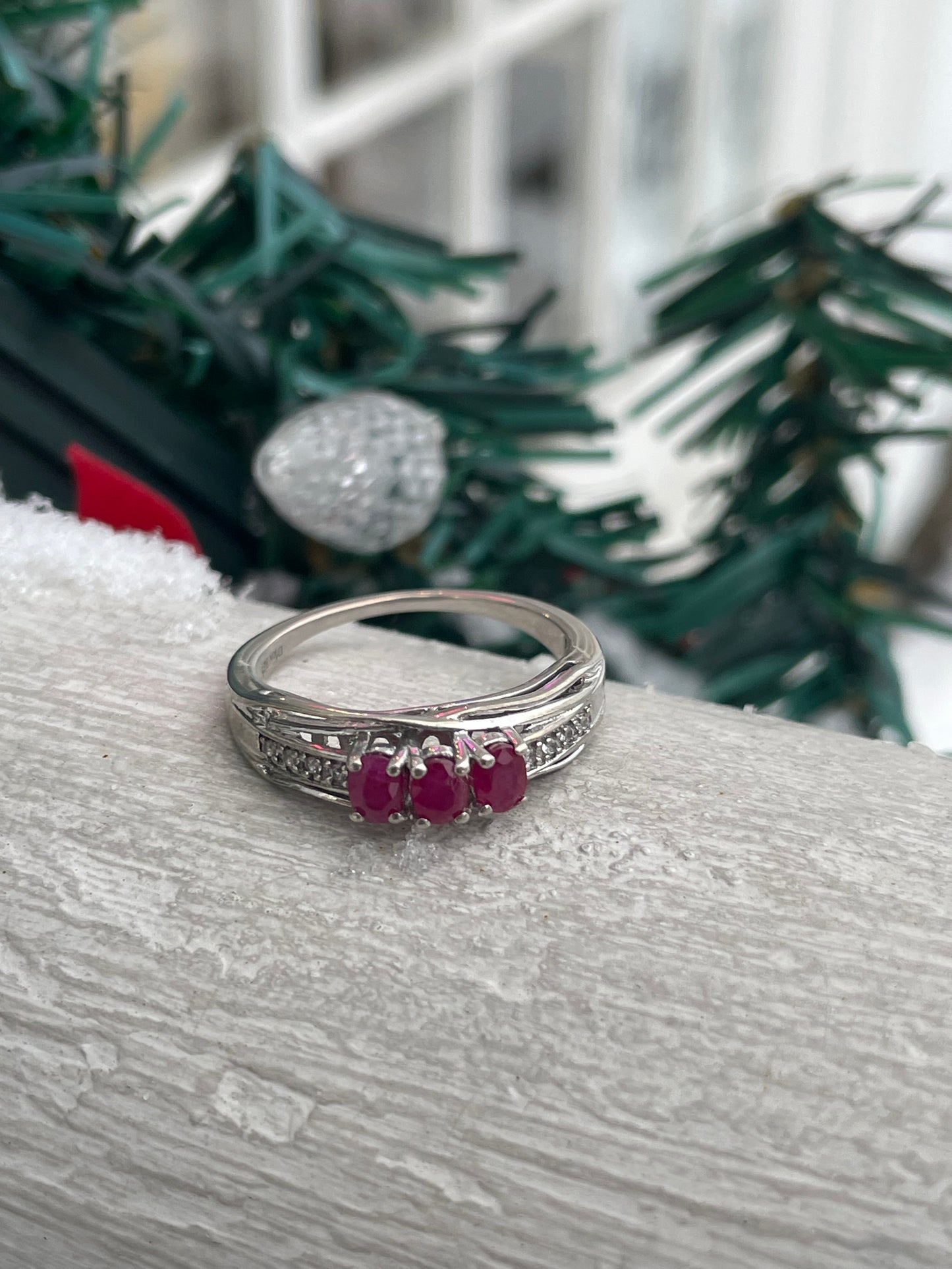 925 Sterling Silver Past Present Future Natural Ruby & Diamond Ring Size 8