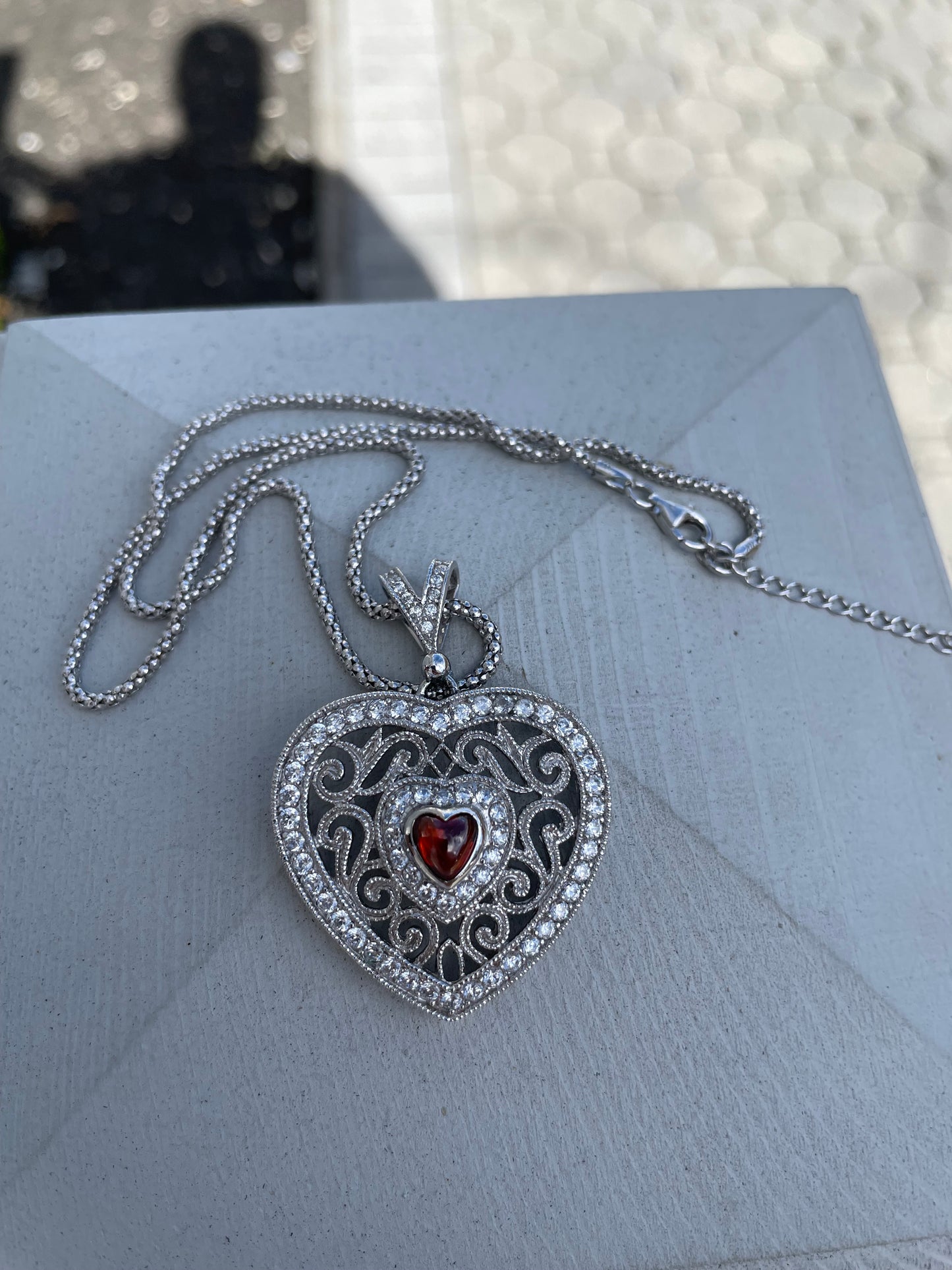 Designer Joseph Esposito 925 Sterling Silver Garnet Heart & Cz Large Art Deco Necklace