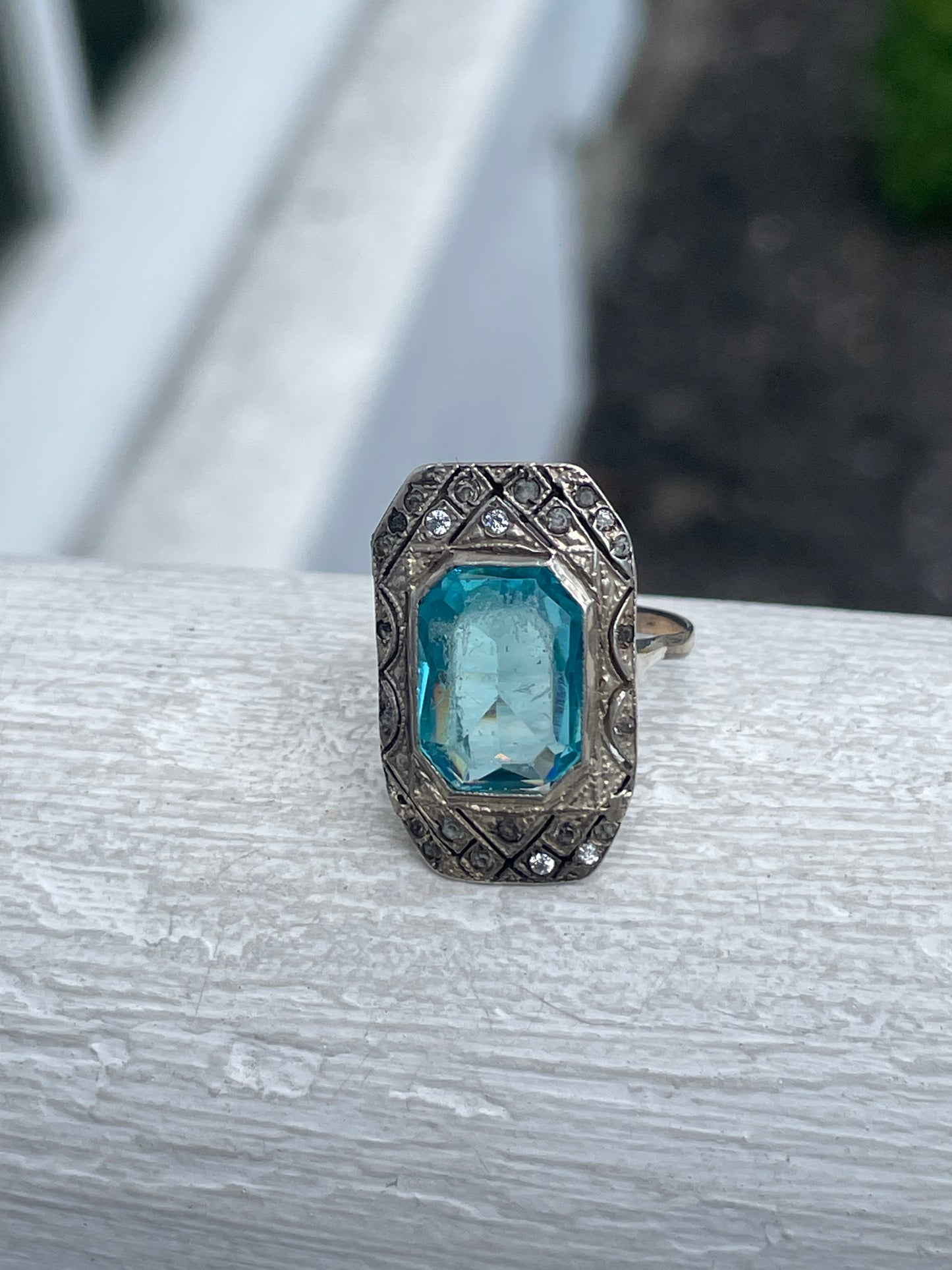 925 Sterling Silver Antique Blue Topaz & Marcasite Art Deco Ring