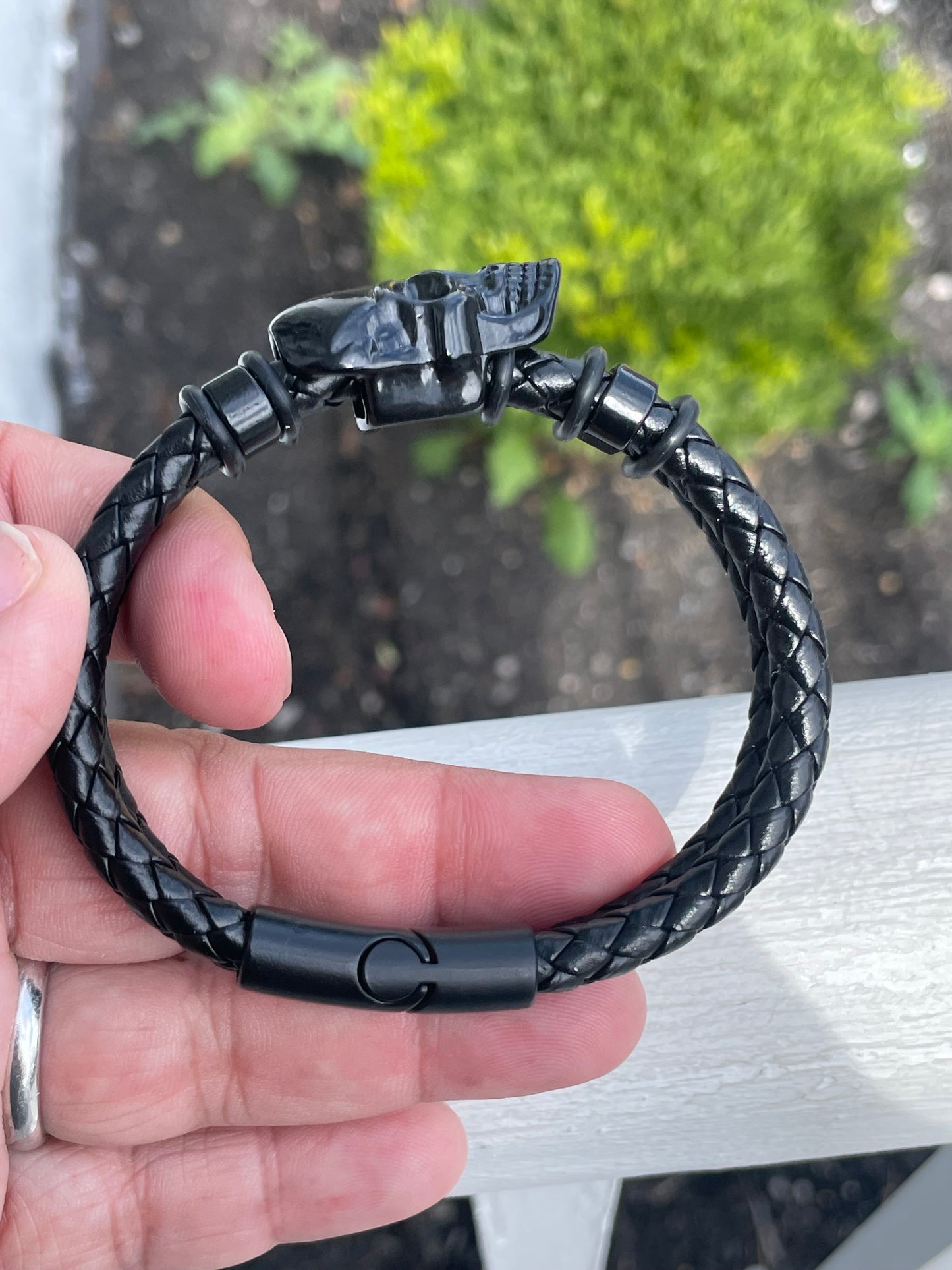 Black Leather Stainless Steel Skull 8” Bracelet