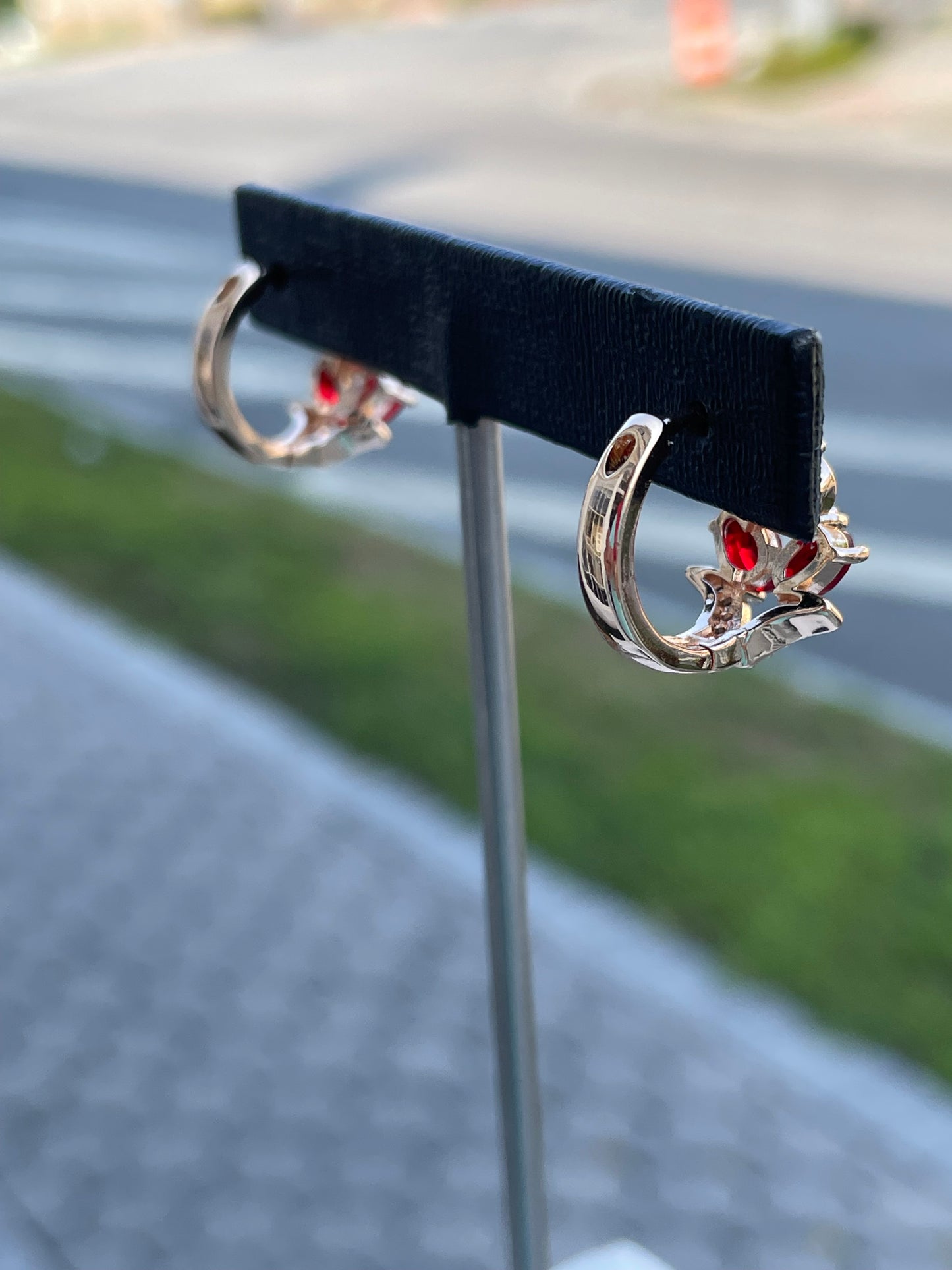 Stainless Steel Rose Vermeil Simulated Ruby Floral Huggie Earrings