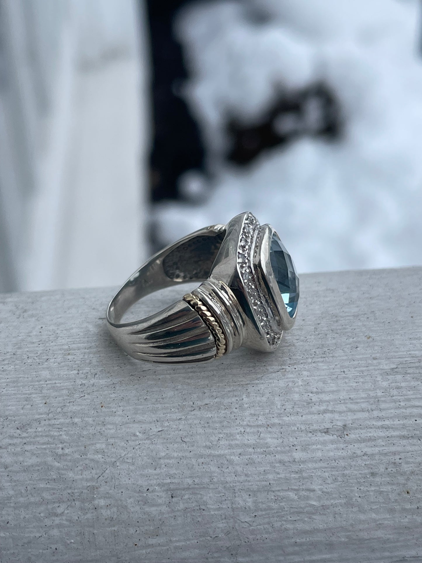 925 Sterling Silver & 14k Gold Large Blue Topaz & Diamond Solitaire Ring Size 8.5