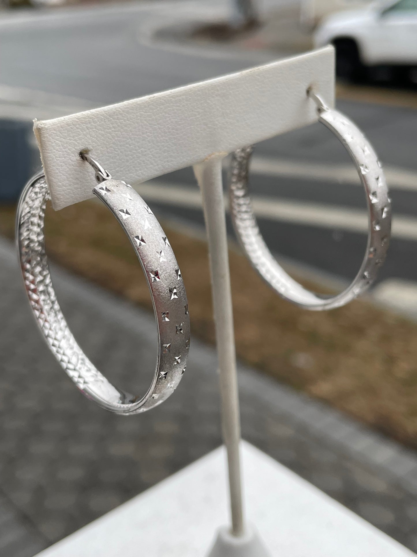925 Sterling Silver Rhodium Finish Large Diamond Cut Hoop Earrings