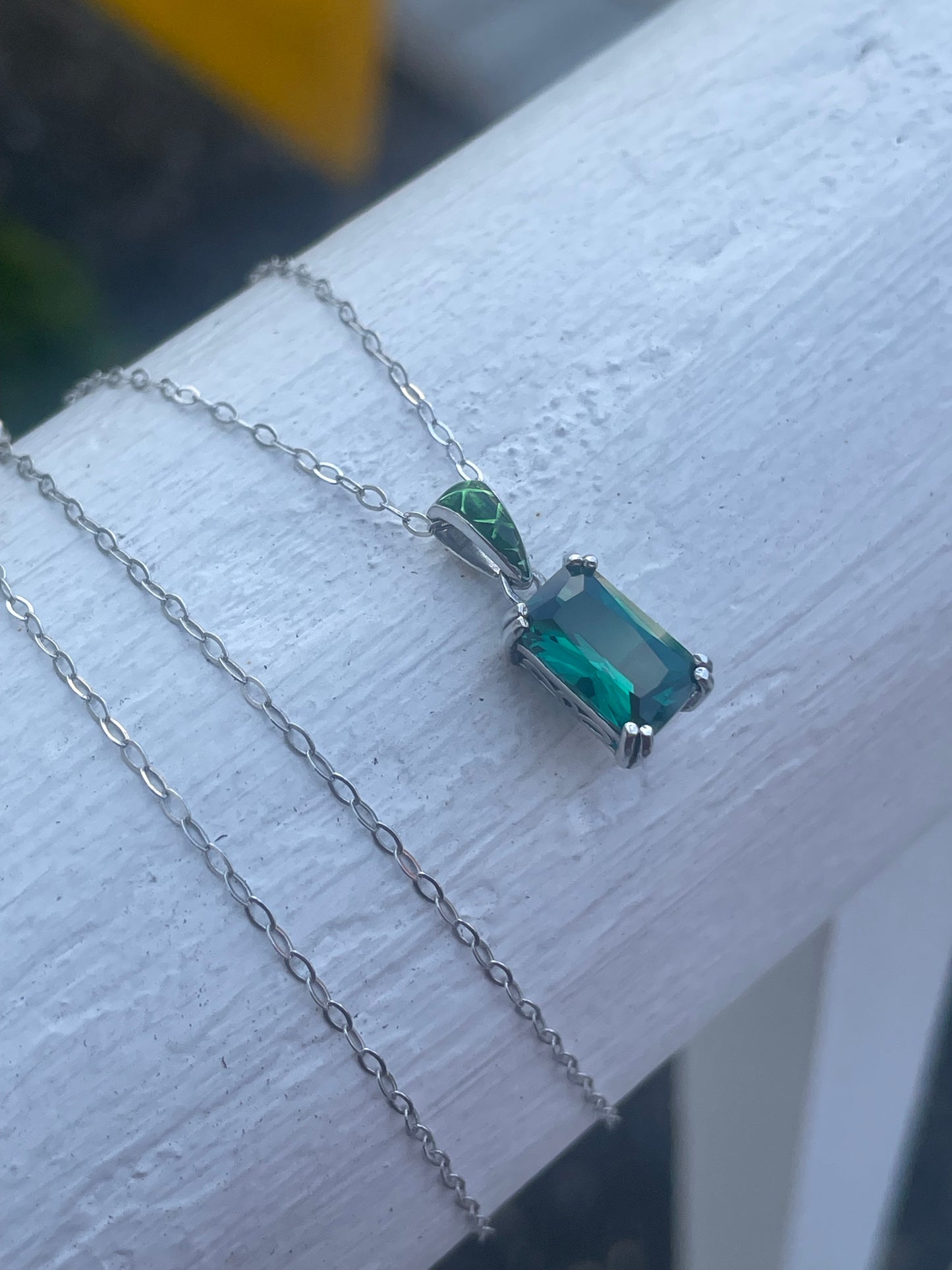 925 Sterling Silver Synthetic Emerald Solitaire Necklace 18”