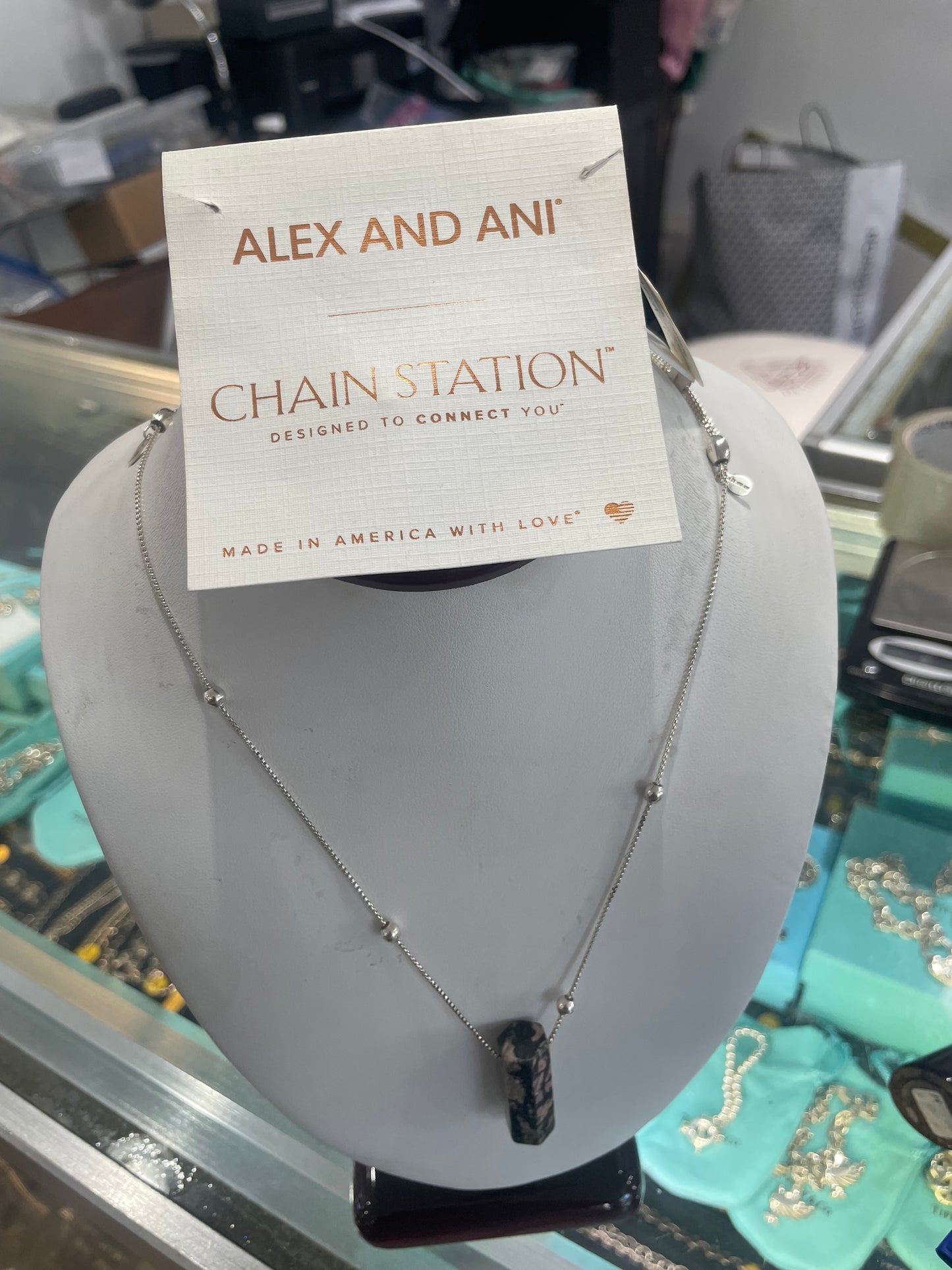 Alex and Ani Chain Station Rhodonite Crystal w/ Adjustable Silver Chain Necklace