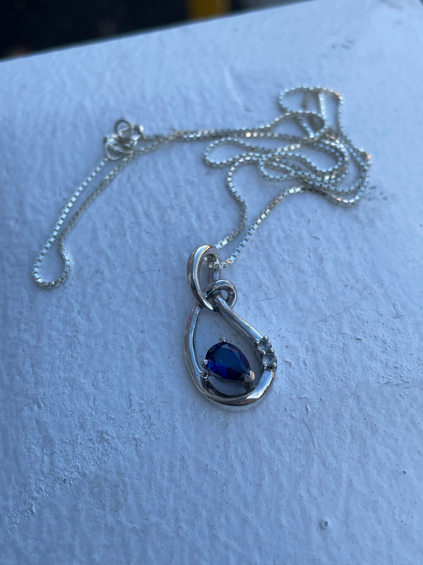 925 Sterling Silver Abstract Pear Shaped Lab Sapphire Necklace