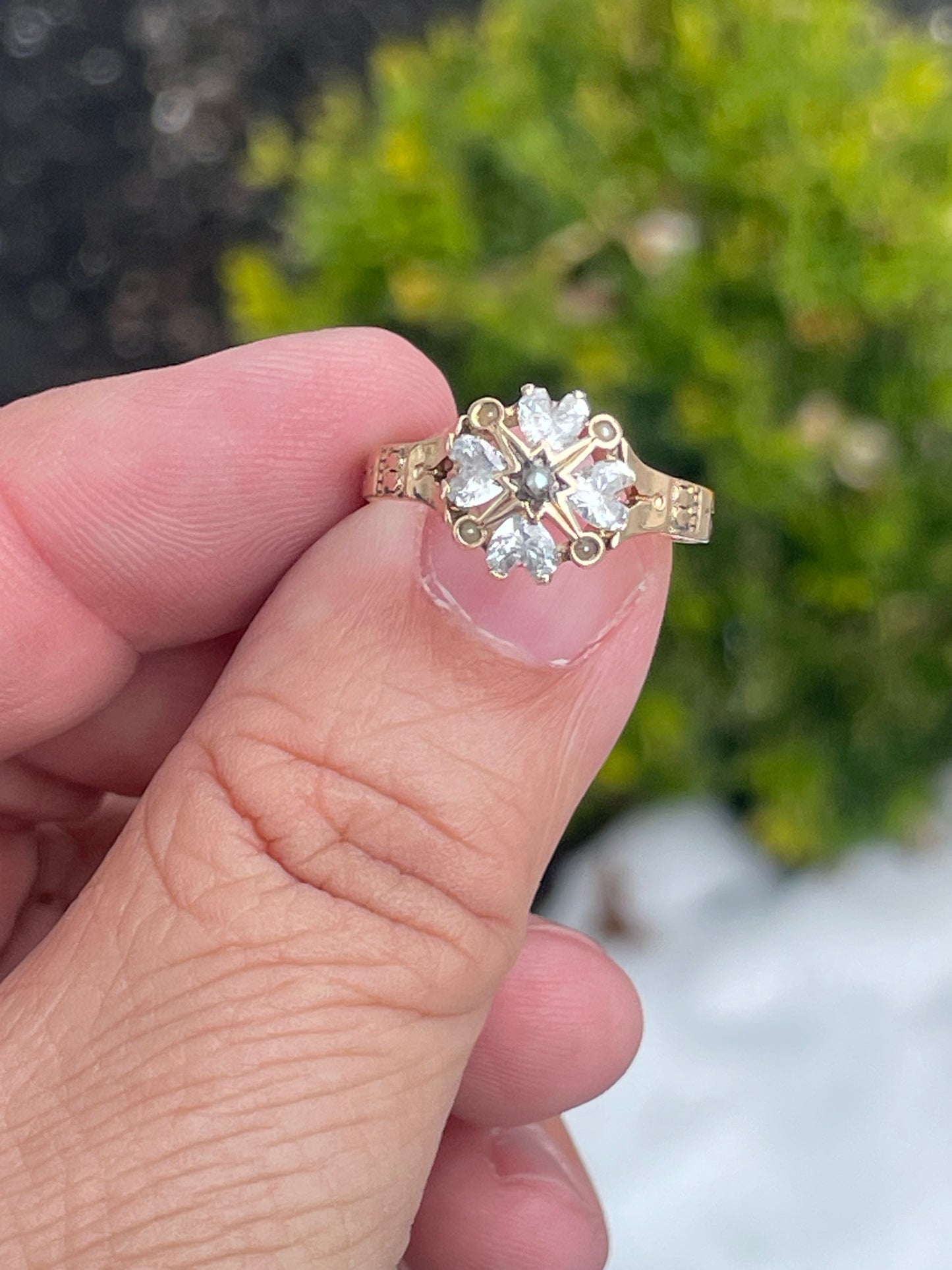 14k Rose Gold Antique Heart Cz & South Sea India Pearl Cluster Ring Size 7