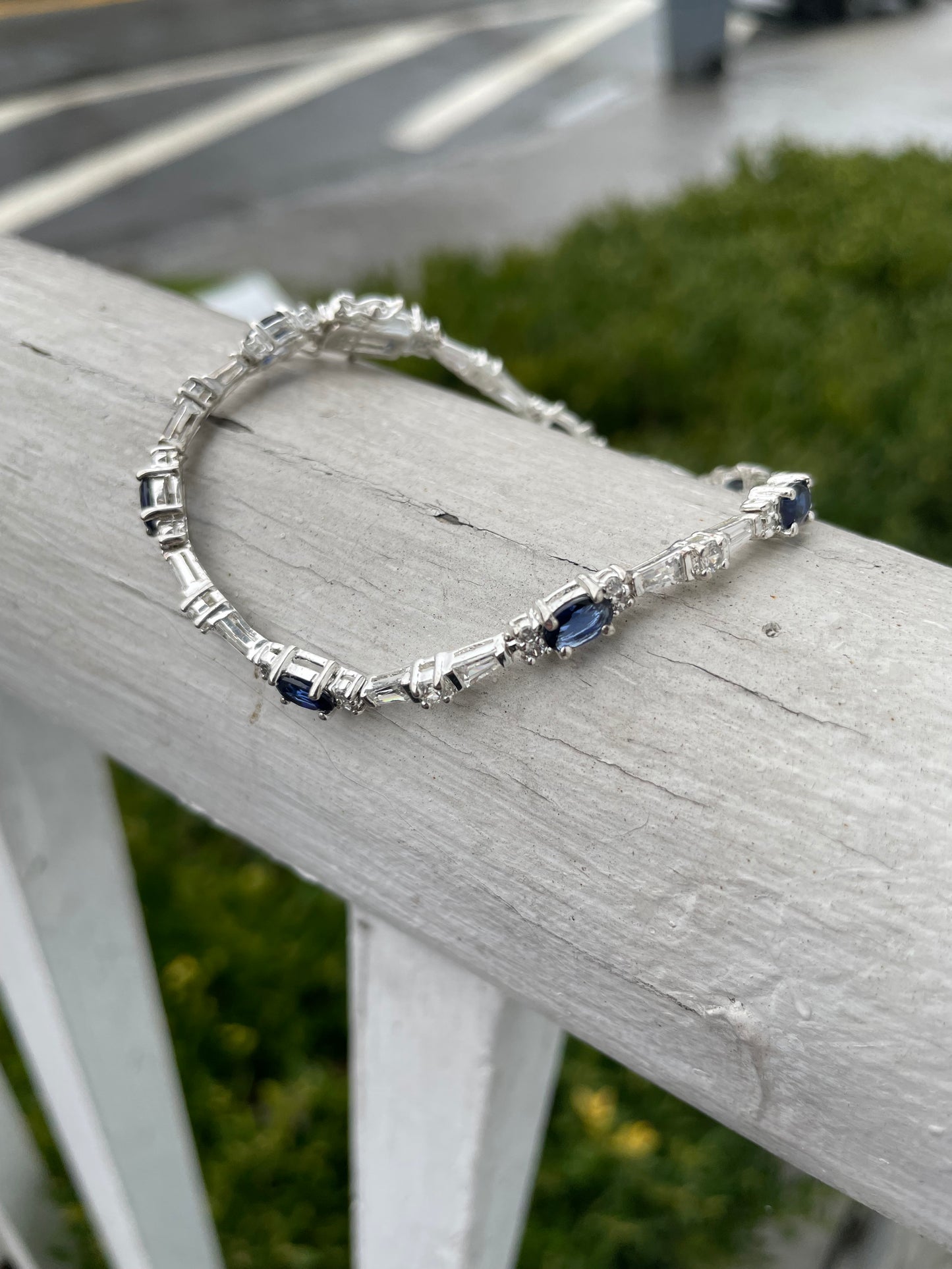 925 Sterling Silver Synthetic Sapphire & Clear Zirconia Tennis Bracelet