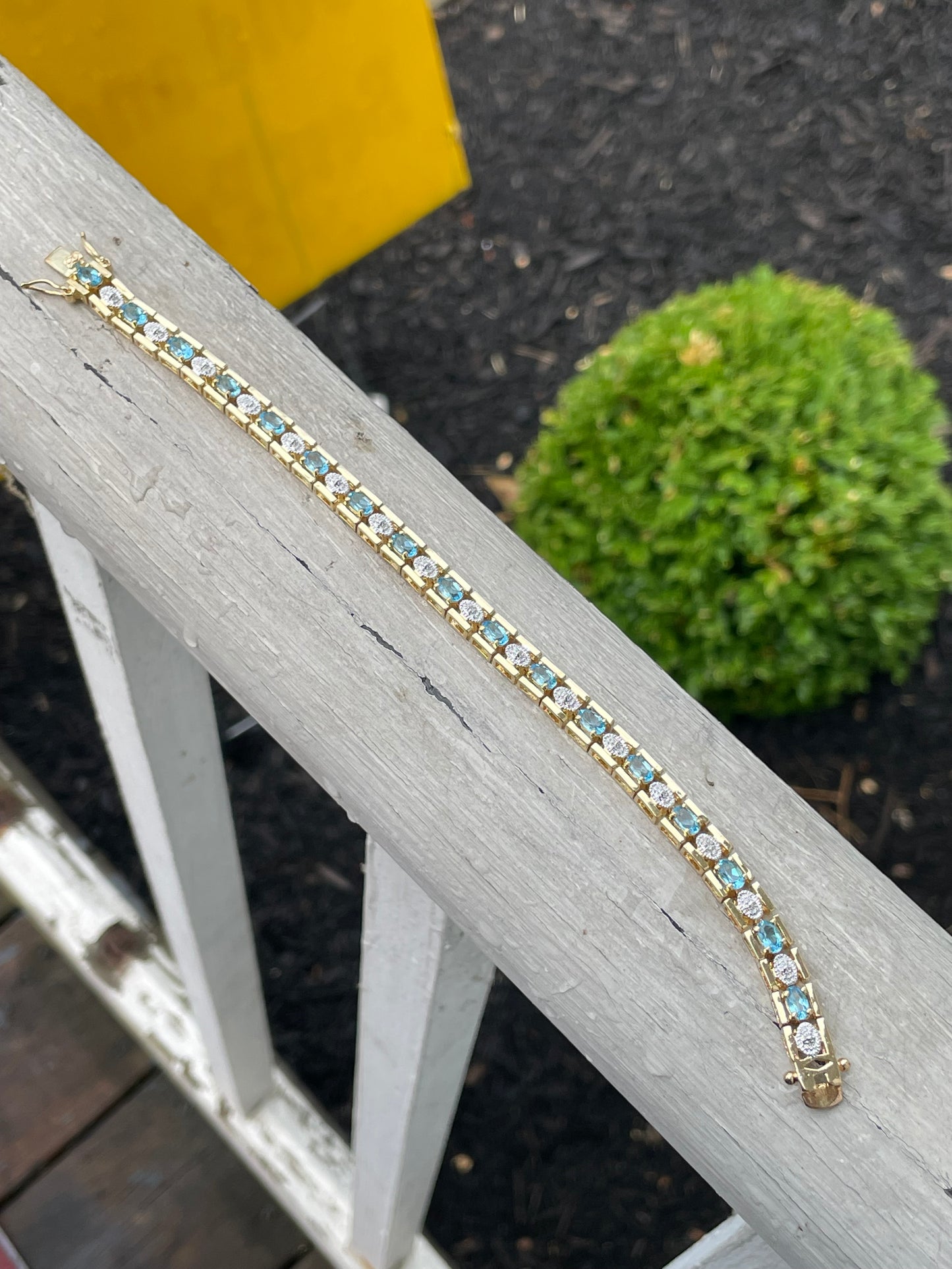 Designer JJT 925 Sterling Silver Vermeil Blue Topaz & Diamond Tennis Bracelet