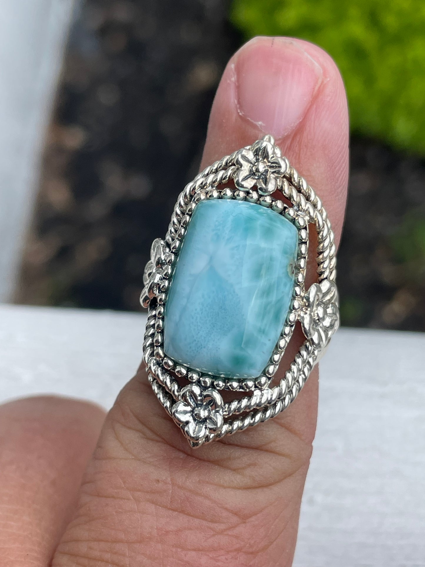 Designer CFJ 925 Sterling Silver Large Larimar Stone Ring Size 7.5