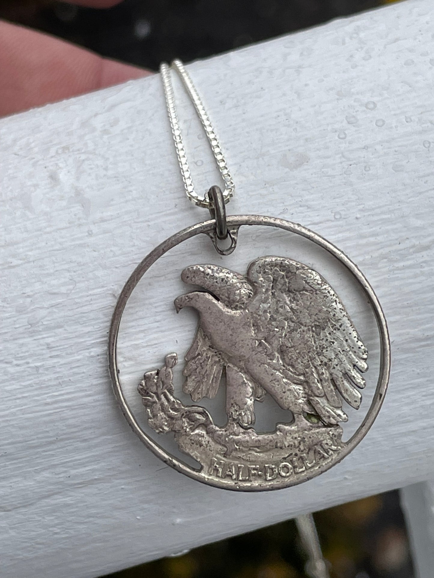 Silver Half Dollar Cutout Eagle Coin Necklace 18”