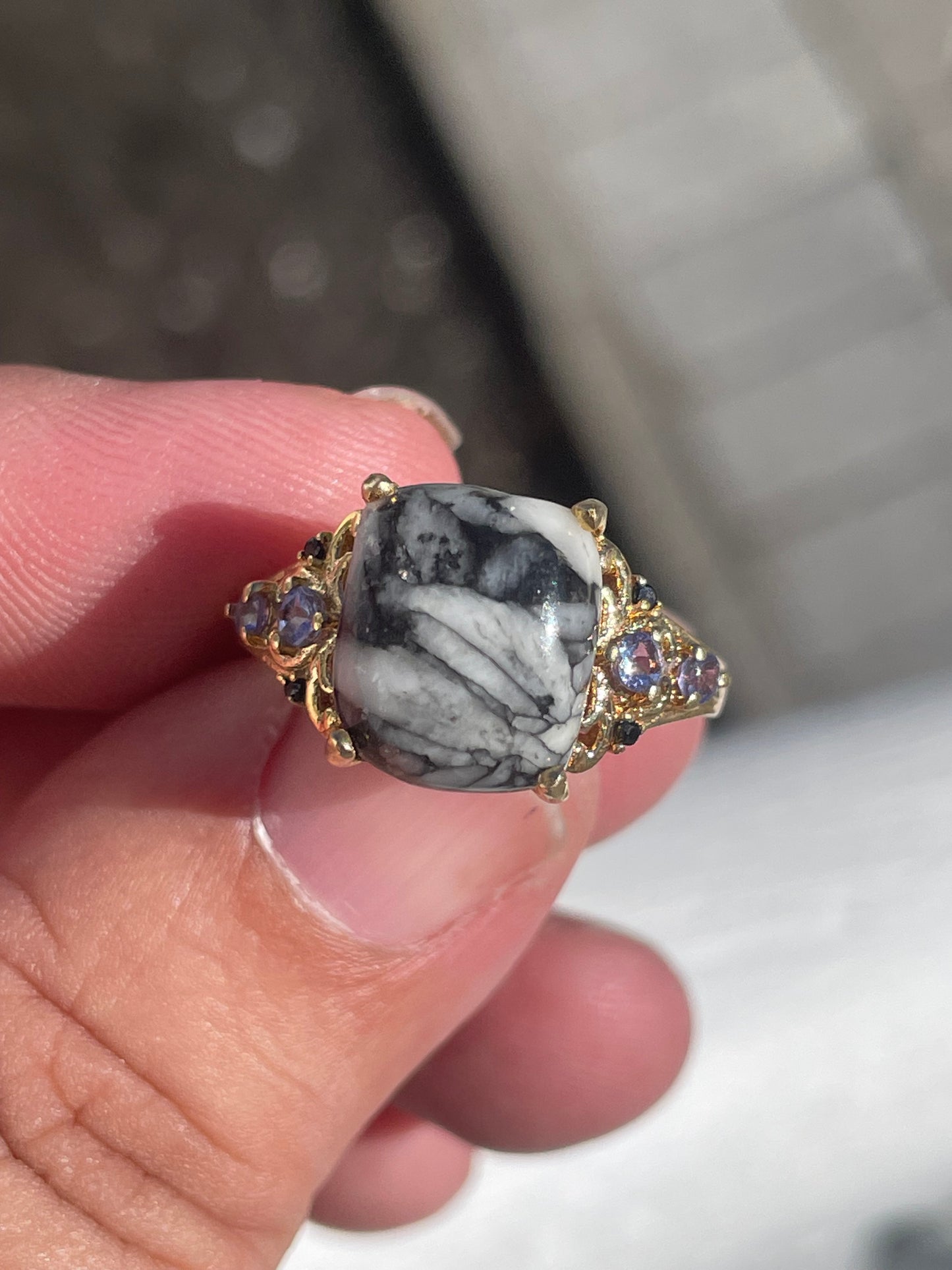 925 Sterling Silver Vermeil Snowflake Obsidian & Tanzanite Ring Size 6