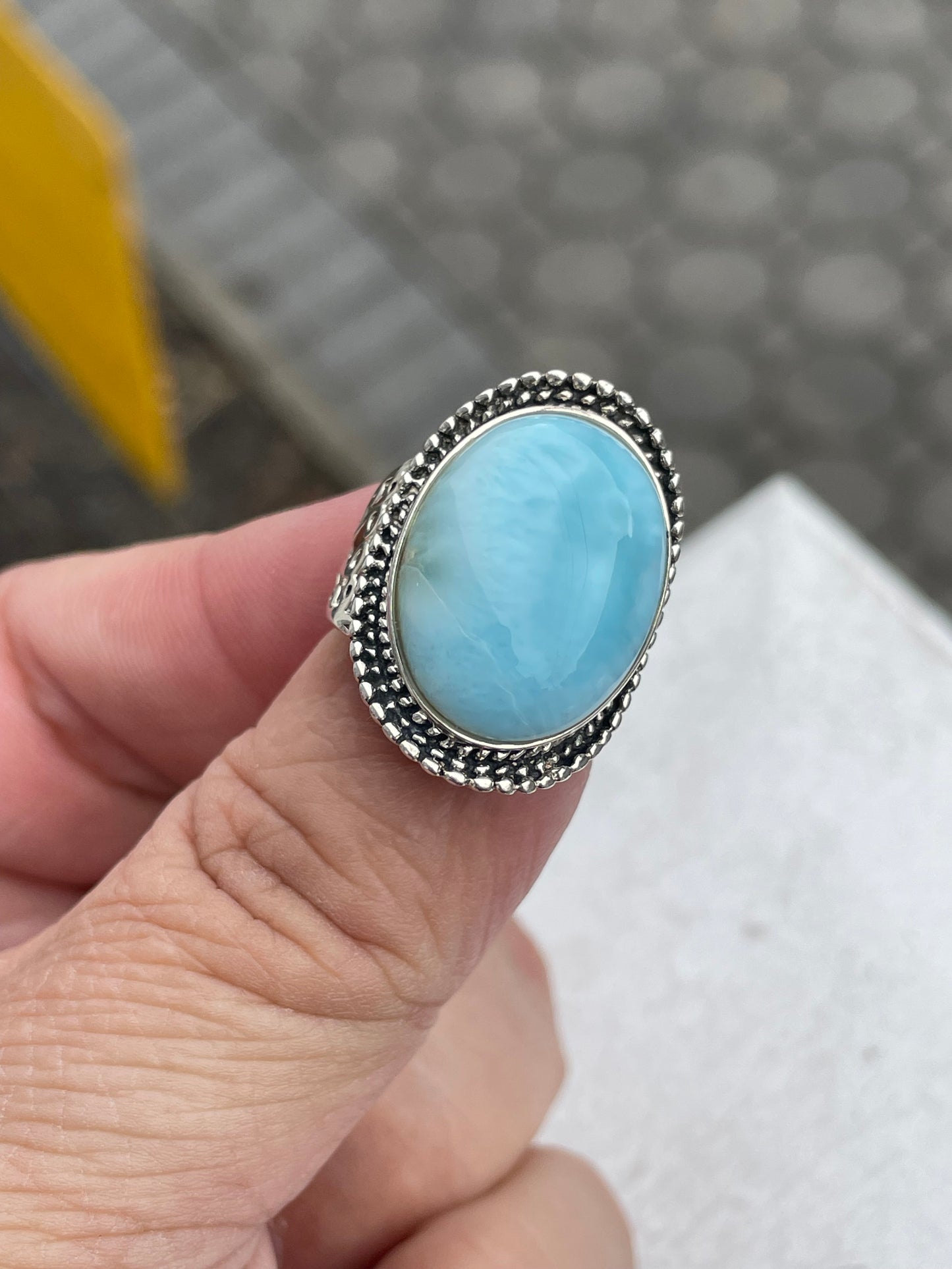 Designer CFJ Collins Fine Jewelry Curved Oval Natural Larimar 925 Sterling Silver Ring Size 7