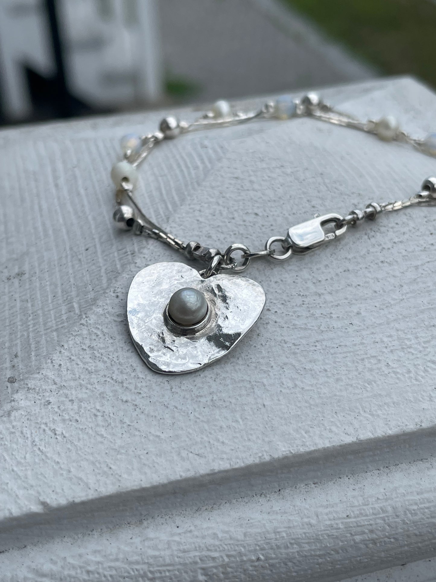 925 Sterling Silver Triple Strand Opalite & Pearl Heart Bracelet 7”