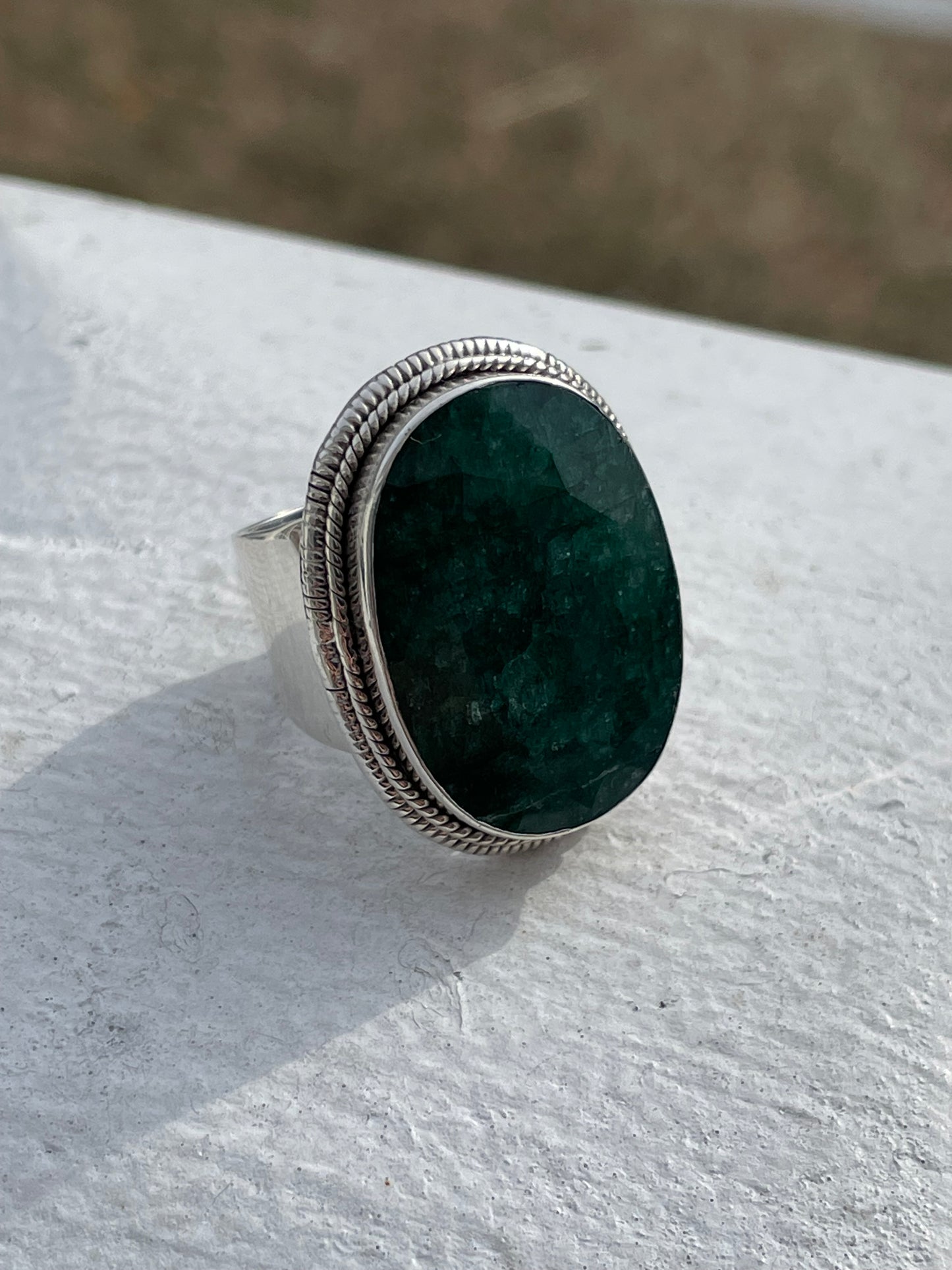 925 Sterling Silver Large 20.0ct Natural Oval Emerald Statement Ring Size 6