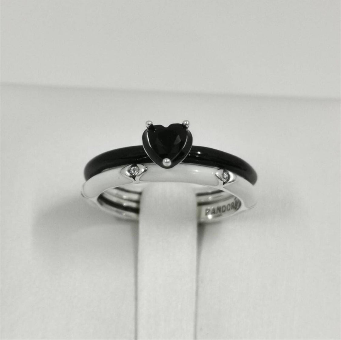 Pandora 2pc White & Black Enamel Rings with Heart Shape Black Cz