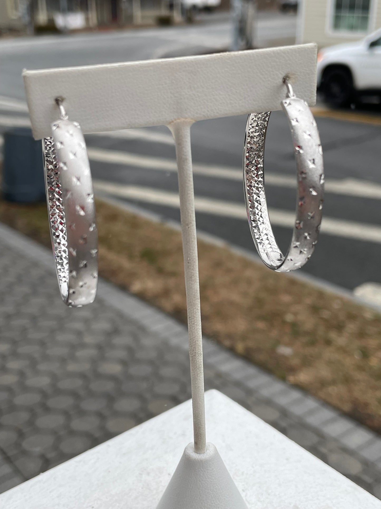 925 Sterling Silver Rhodium Finish Large Diamond Cut Hoop Earrings