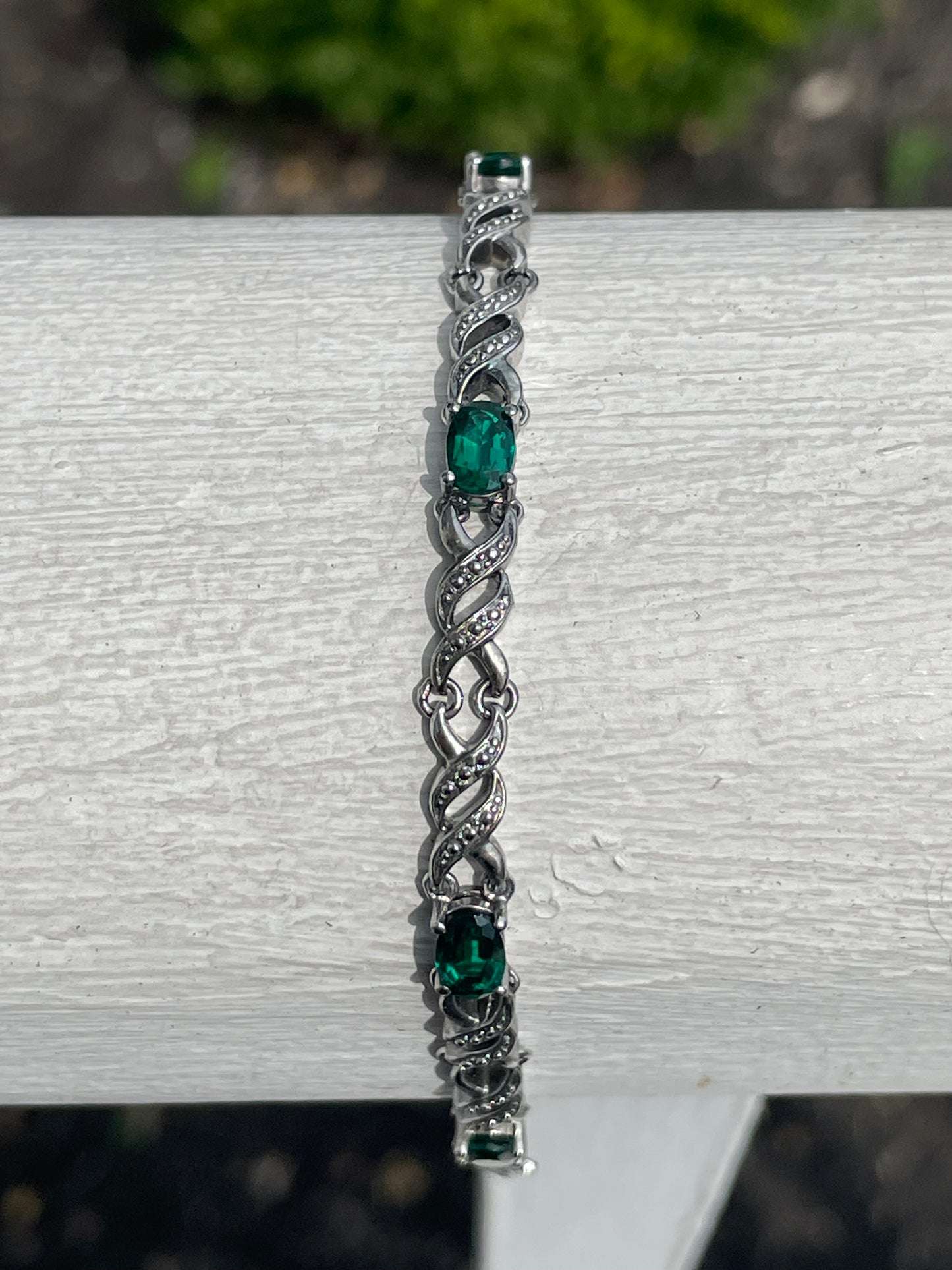 925 Sterling Silver Simulated Emerald Stone Tennis Bracelet 6.75”
