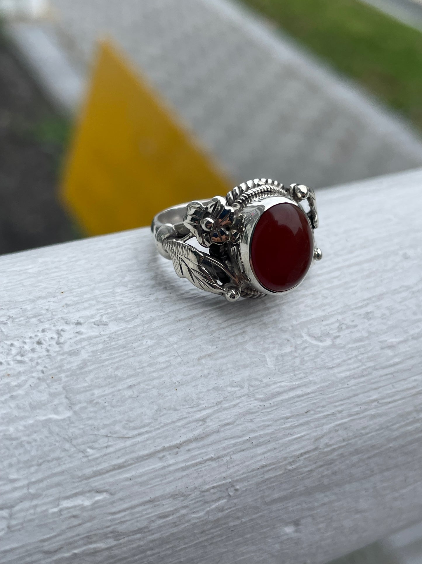925 Sterling Silver Carnelian Solitaire Ring Nature Filigree Setting Size 7.5