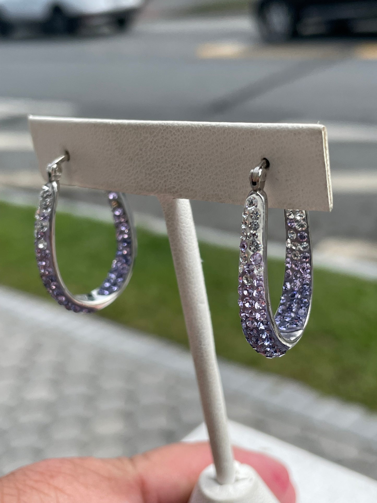 925 Sterling Silver Lavender to Clear Ombré Crystal Oblong Hoop Earrings