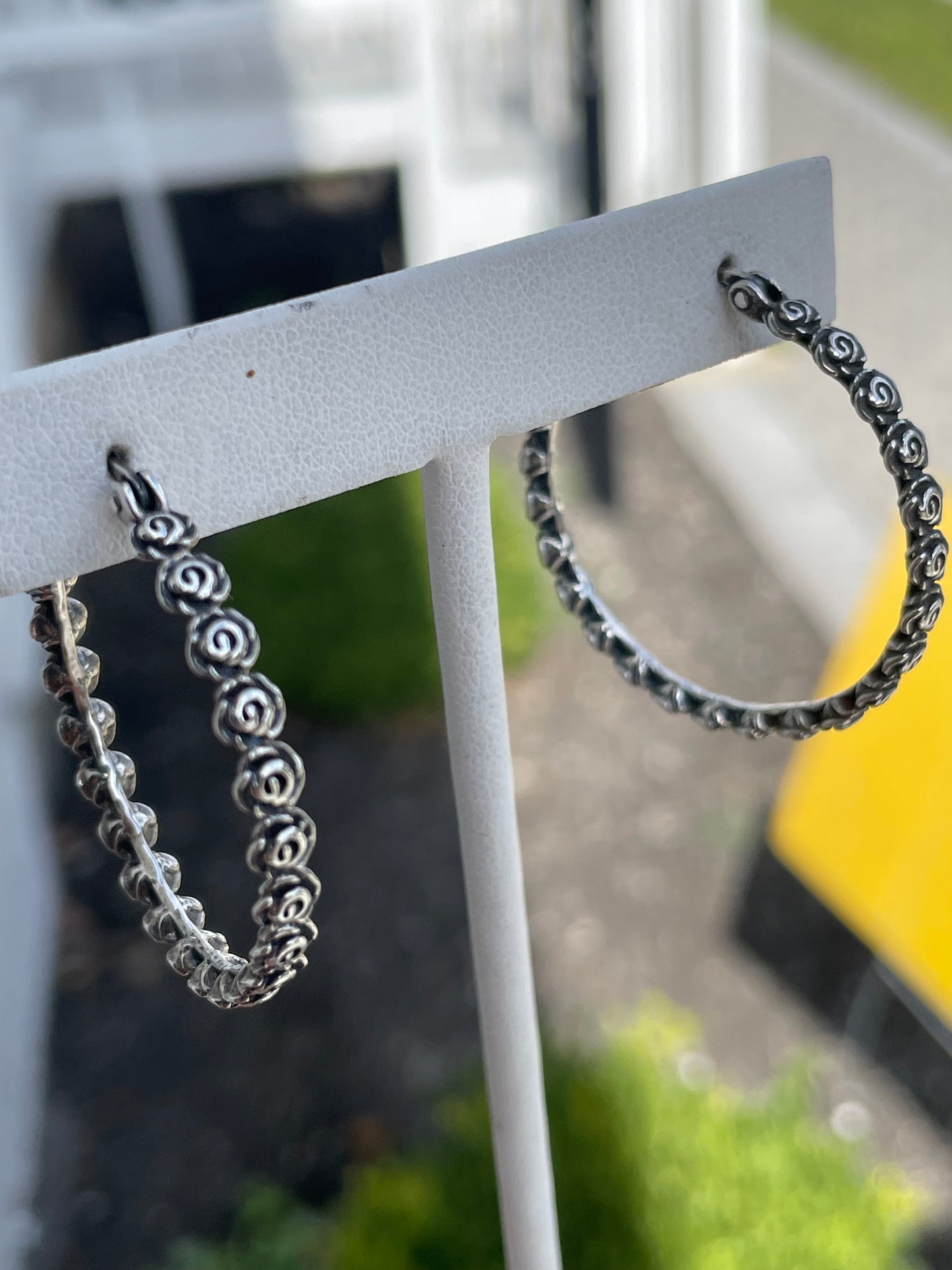 Designer Paz 925 Sterling Silver Row of Roses Hoop Earrings