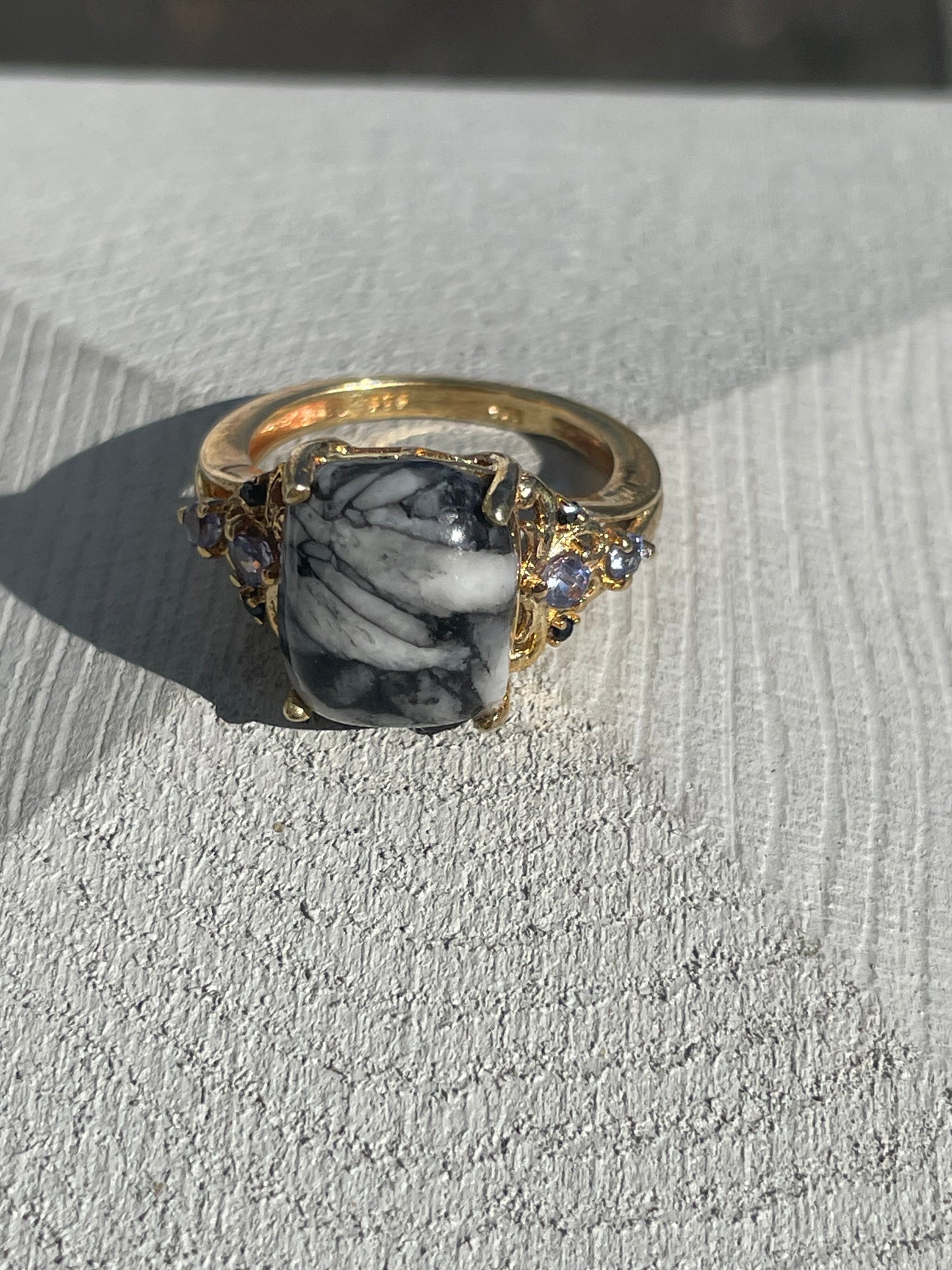 925 Sterling Silver Vermeil Snowflake Obsidian & Tanzanite Ring Size 6