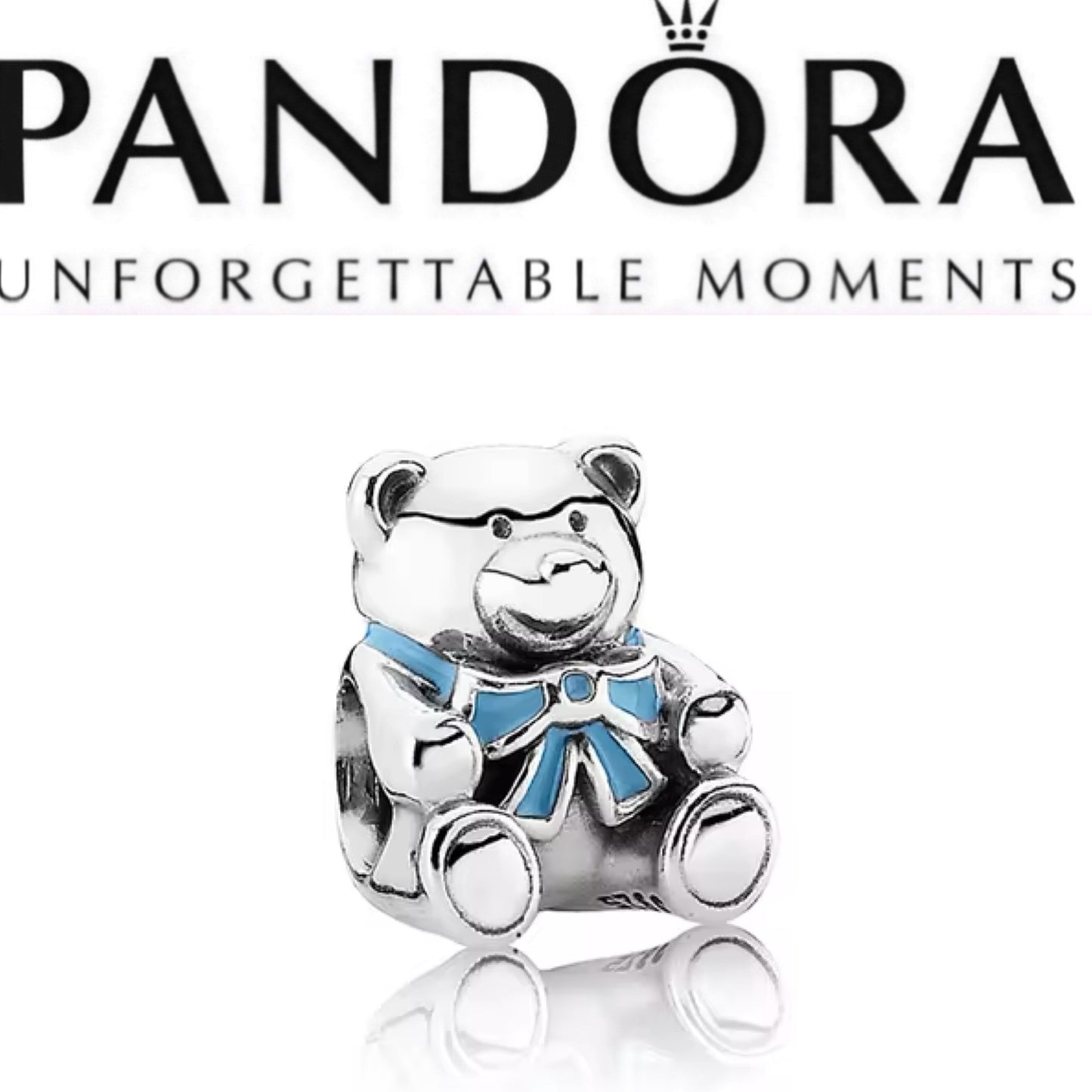 Retired Sterling Silver It's a Boy Baby Teddy Bear Bead with Blue Ribbon 791124EN41