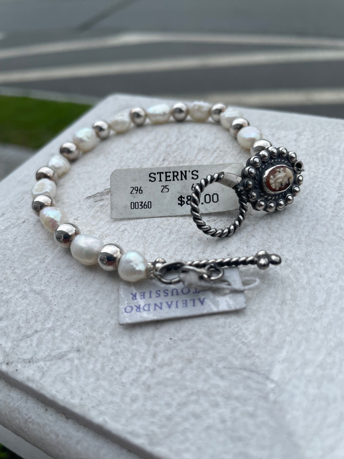 Designer AT Vintage 925 Silver Bead & Pearl Cameo Toggle Bracelet 8.5”