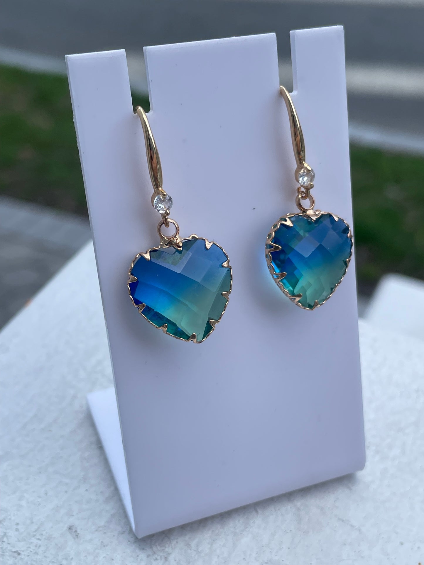 Gold Plated Heart Shape Bi-Color Quartz Stone Dangle Earrings