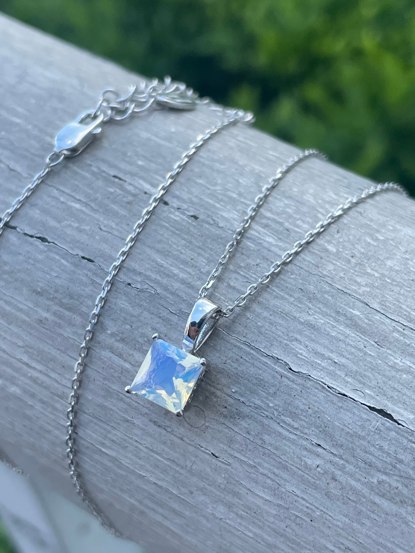 925 Sterling Silver 1.00 Clear Zirconia or Opalite Princess Cut Solitaire Necklace