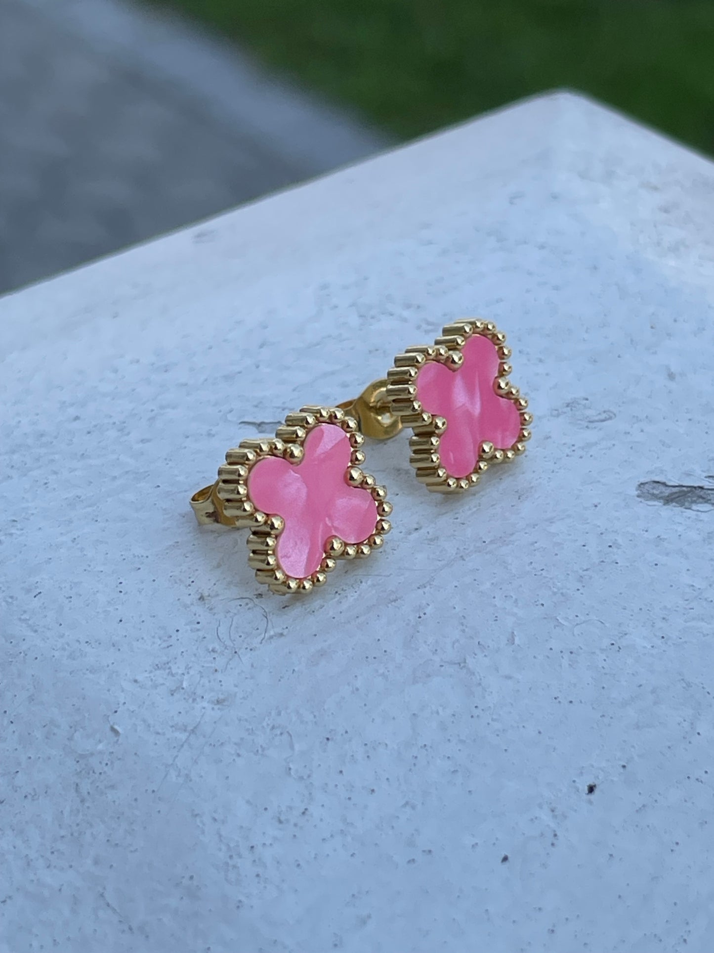 Stainless Steel Vermeil Van Cleef Style Pink Clover Earrings
