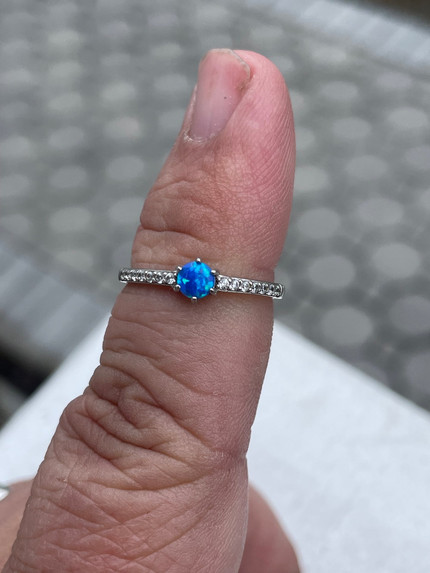 925 Sterling Silver Blue Opal & Cz Stack Ring Size 6