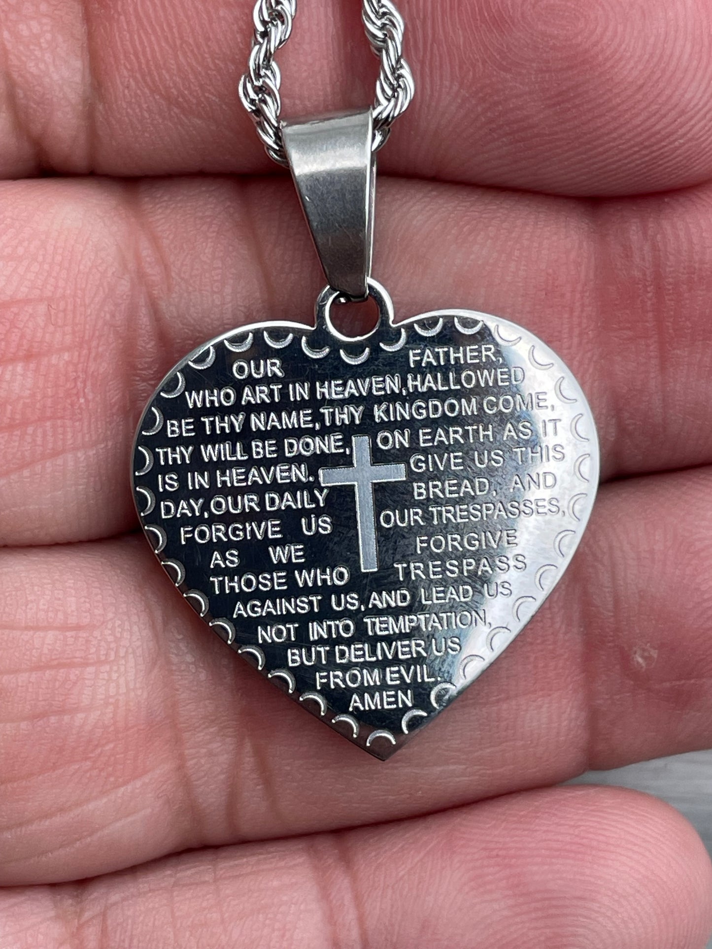 Stainless Steel Lord’s Prayer Heart Necklace 17”