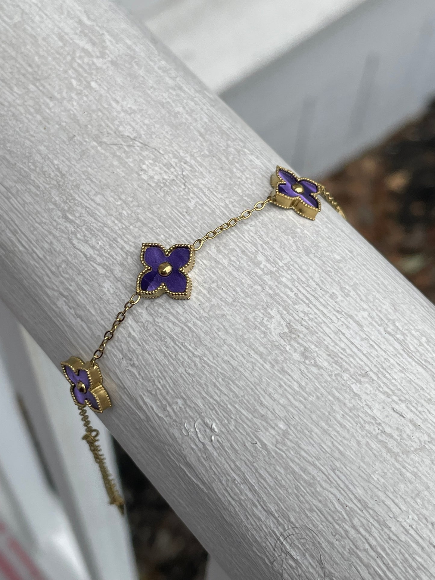 Stainless Steel Gold Vermeil Purple Clover Station Van Cleef Style Bracelet Adjustable 7"-9"