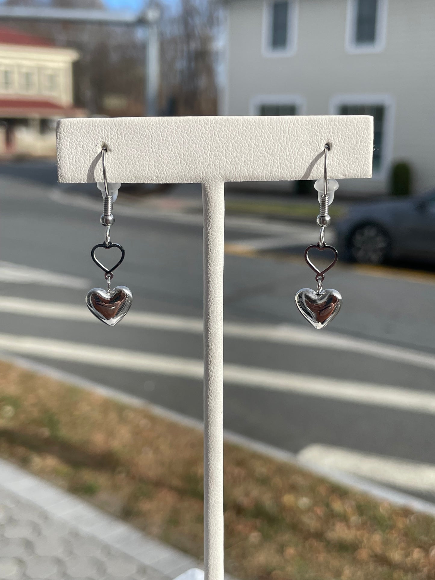 Stainless Steel Dangling Puff heart earrings