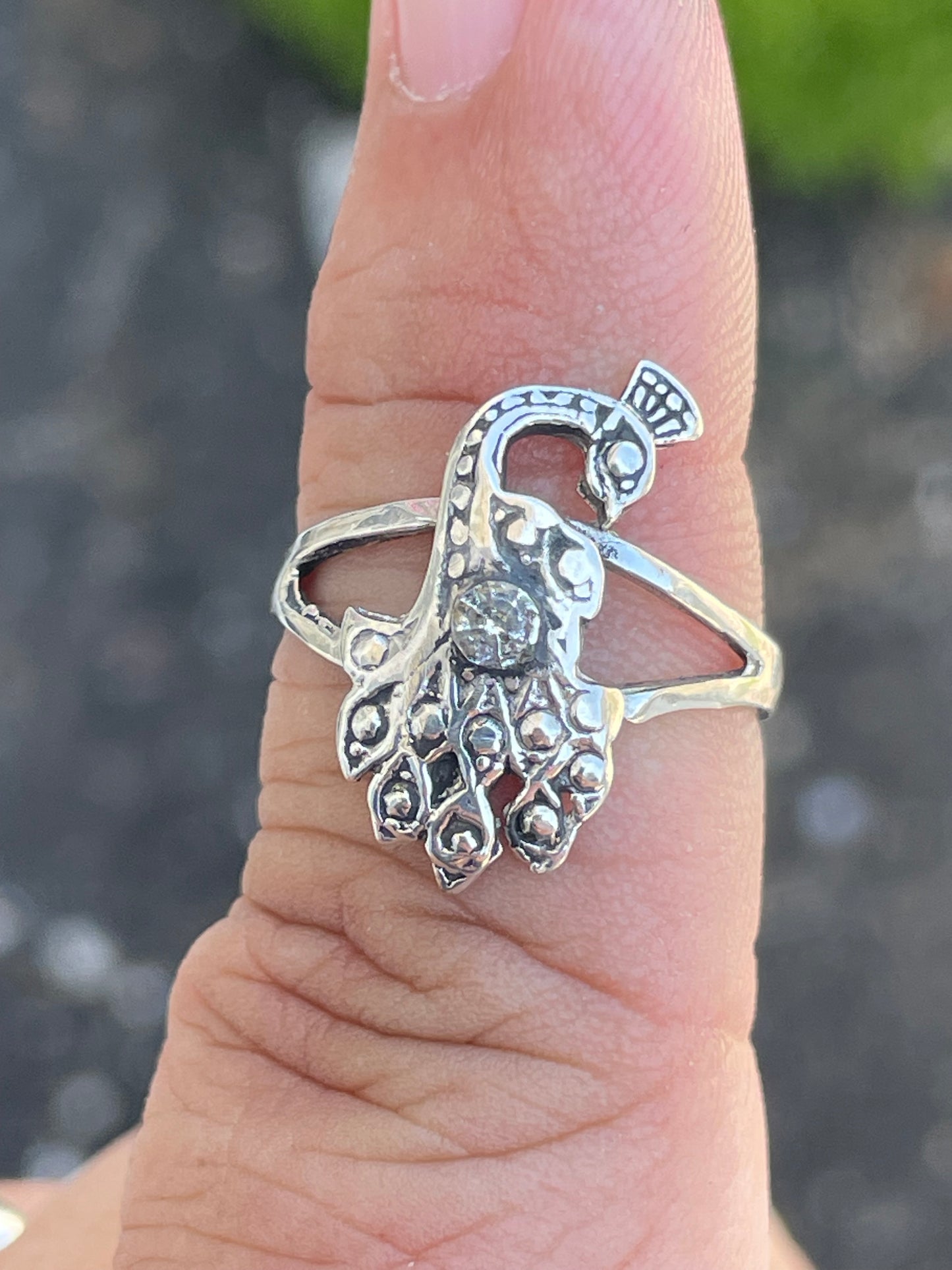 925 Sterling Silver Peacock Ring with Marcasite stones size 7.5