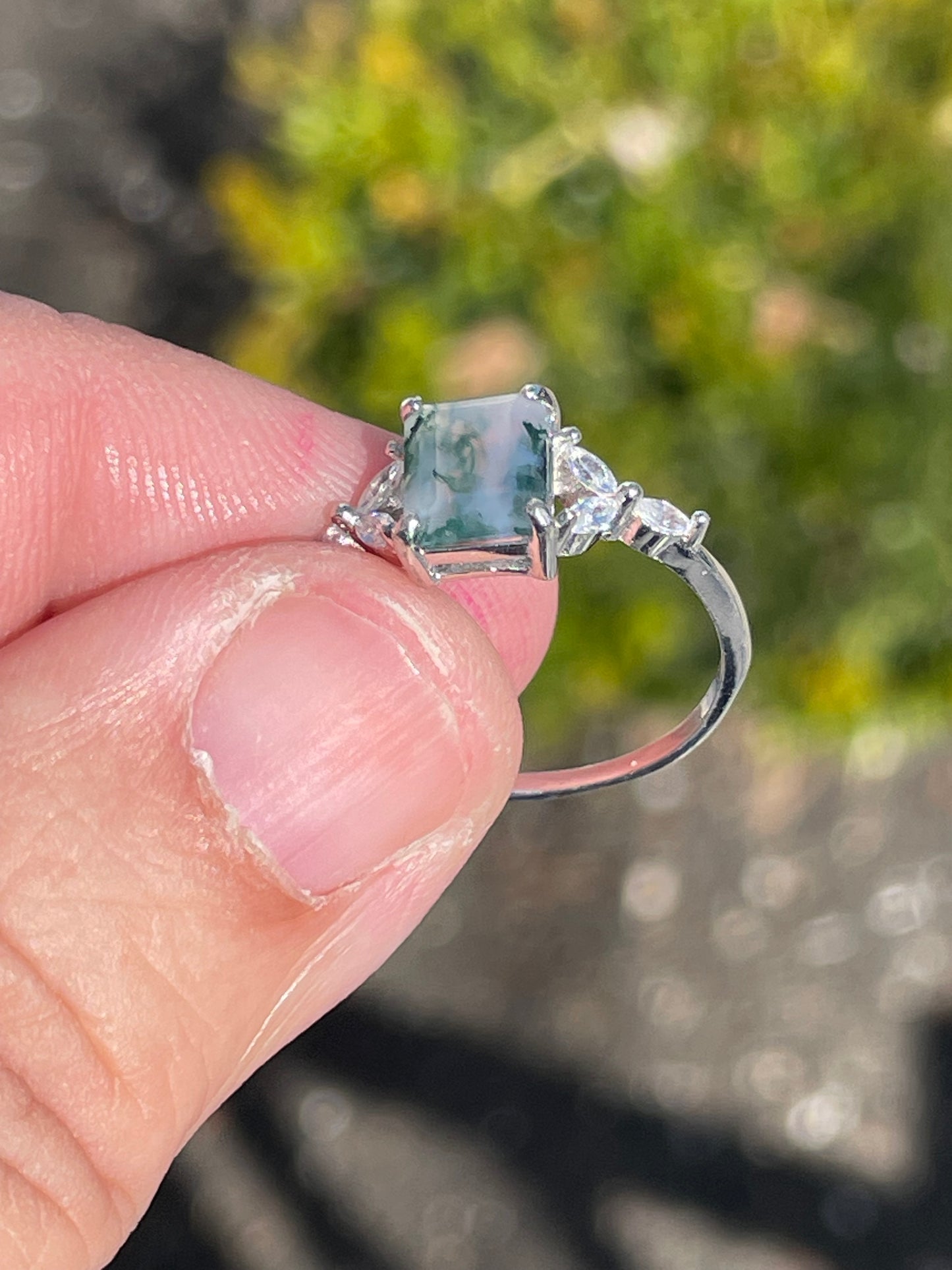 925 Sterling Silver Mossy Agate & Cz Solitaire Ring Size 7.25