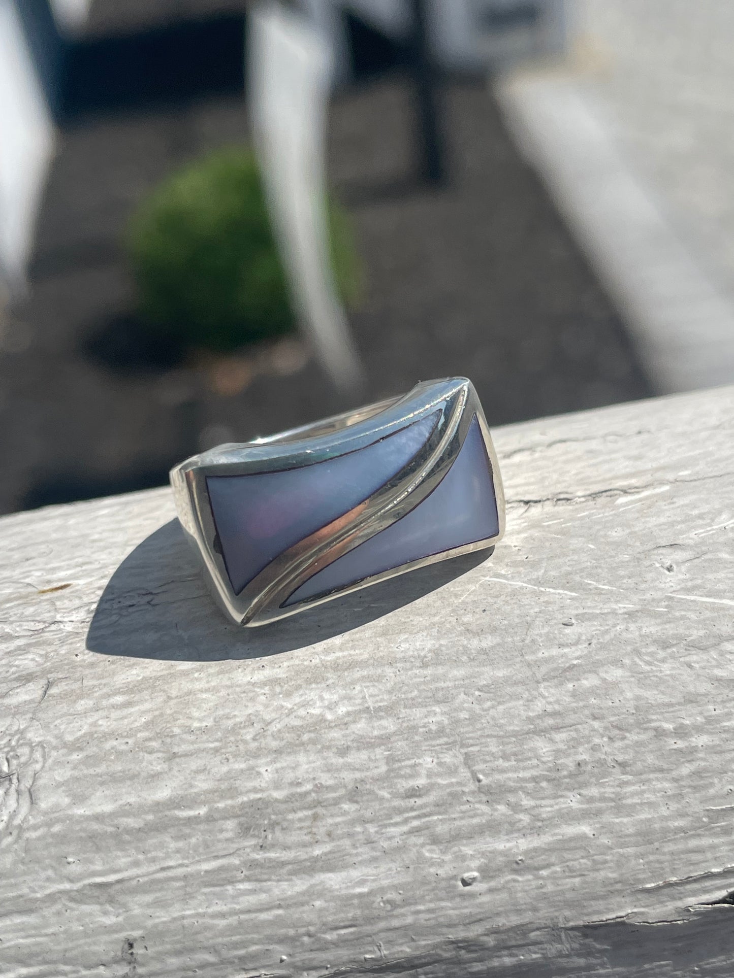 925 Sterling Silver Blue Mother of Pearl Rectangular Signet Ring