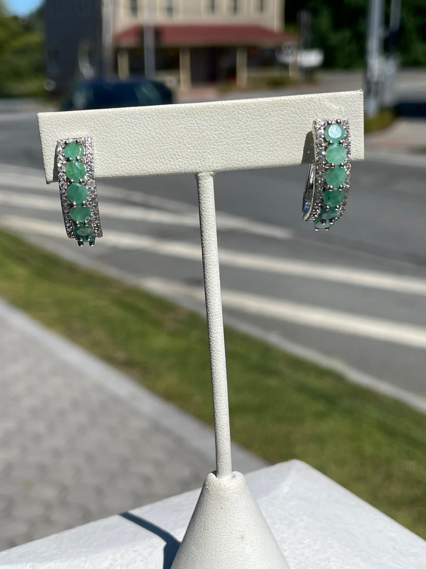 925 Sterling Silver Natural Emerald Hoop Earrings