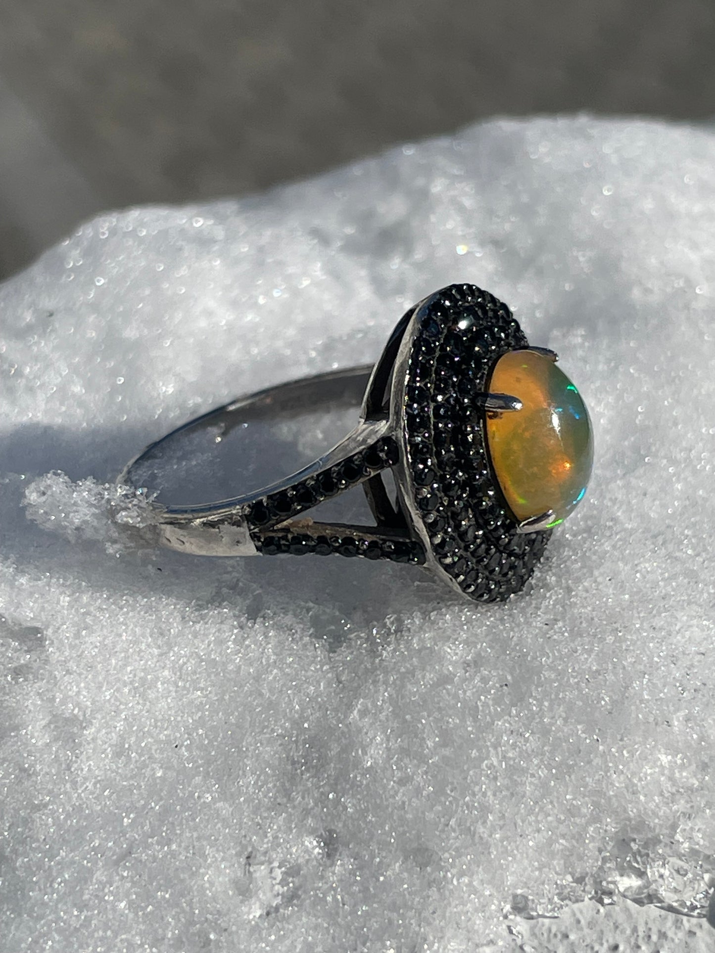 925 Sterling Silver Opal & Black Zirconia Cluster Ring Size 9.5