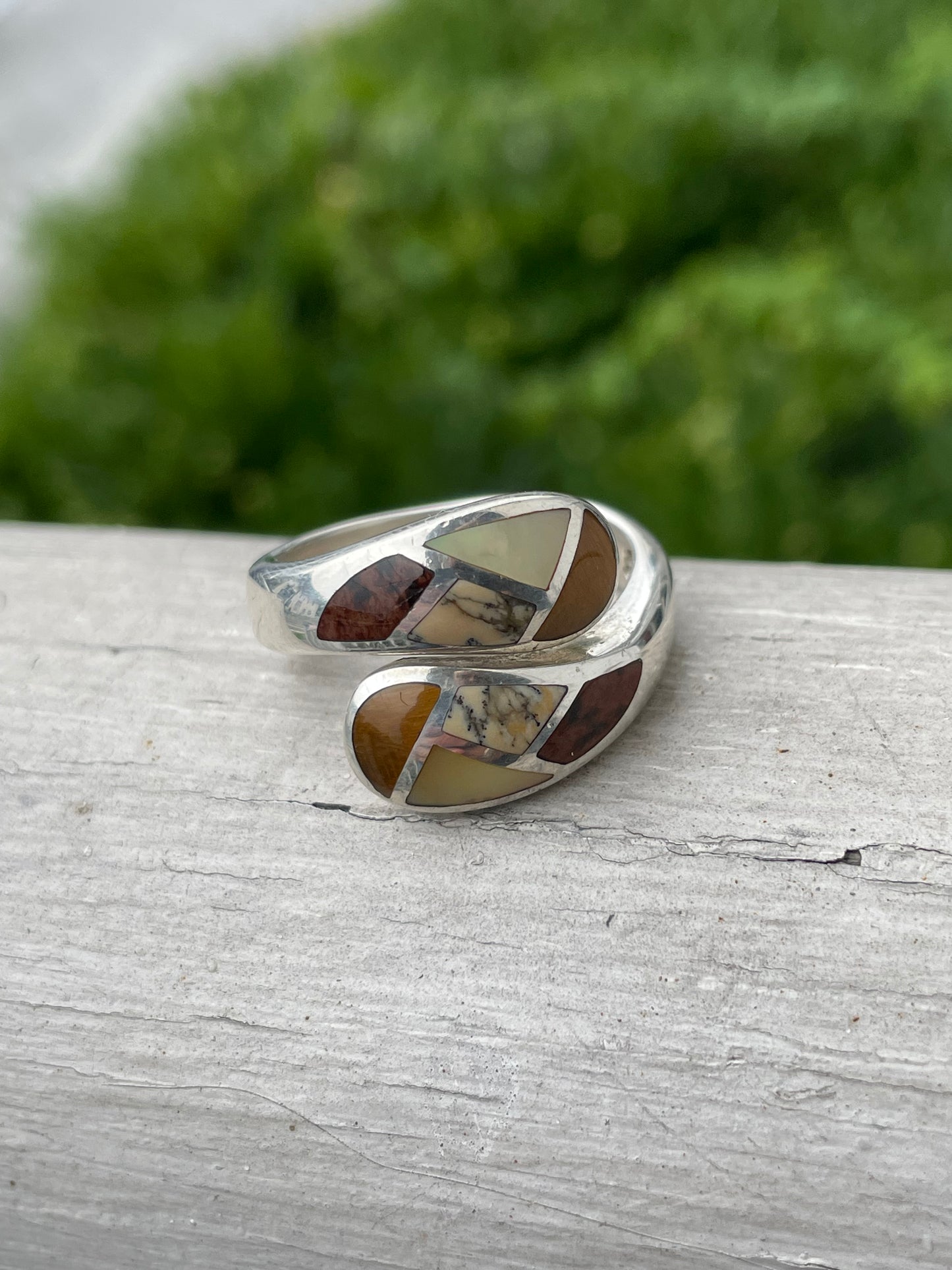 925 Sterling Silver Multi-Stone Inlay Bypass Ring sz 9