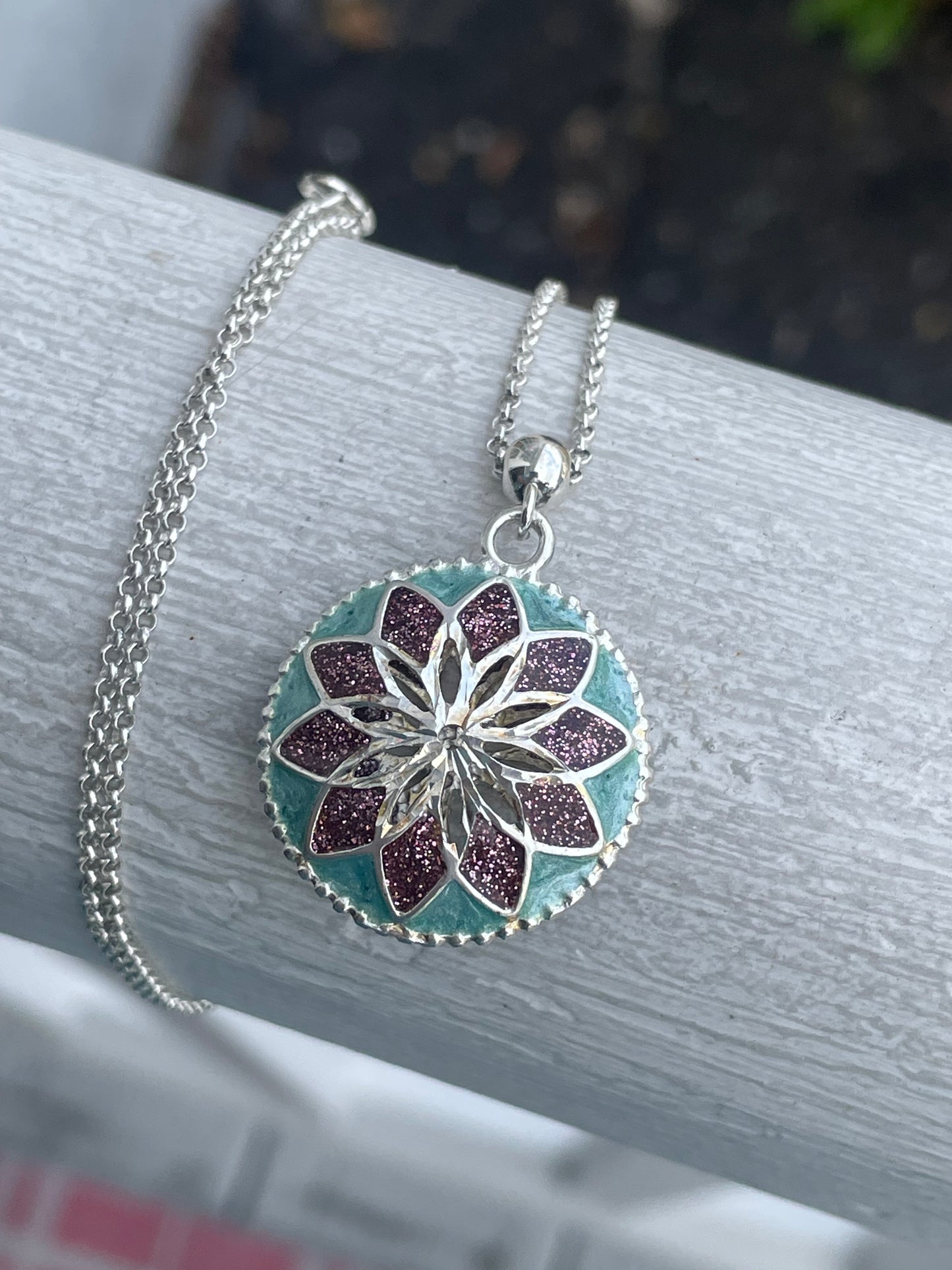 925 Sterling Silver 3D Enameled Round Flower Design Necklace