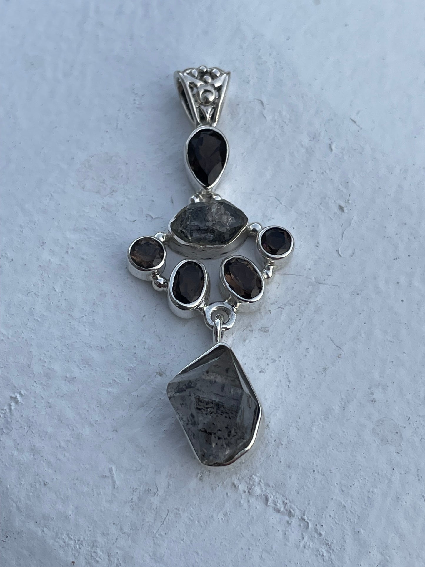 925 Sterling Silver Handmade Smoky Quartz & Clear Rock Quartz Crystal Pendant