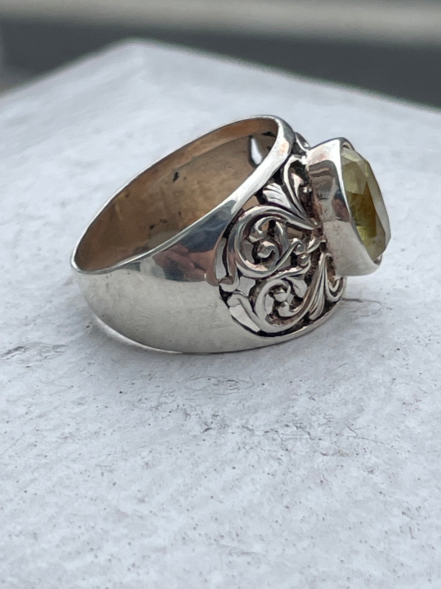 925 Sterling Silver Natural Lemon Citrine Filigree Band Ring Size 7