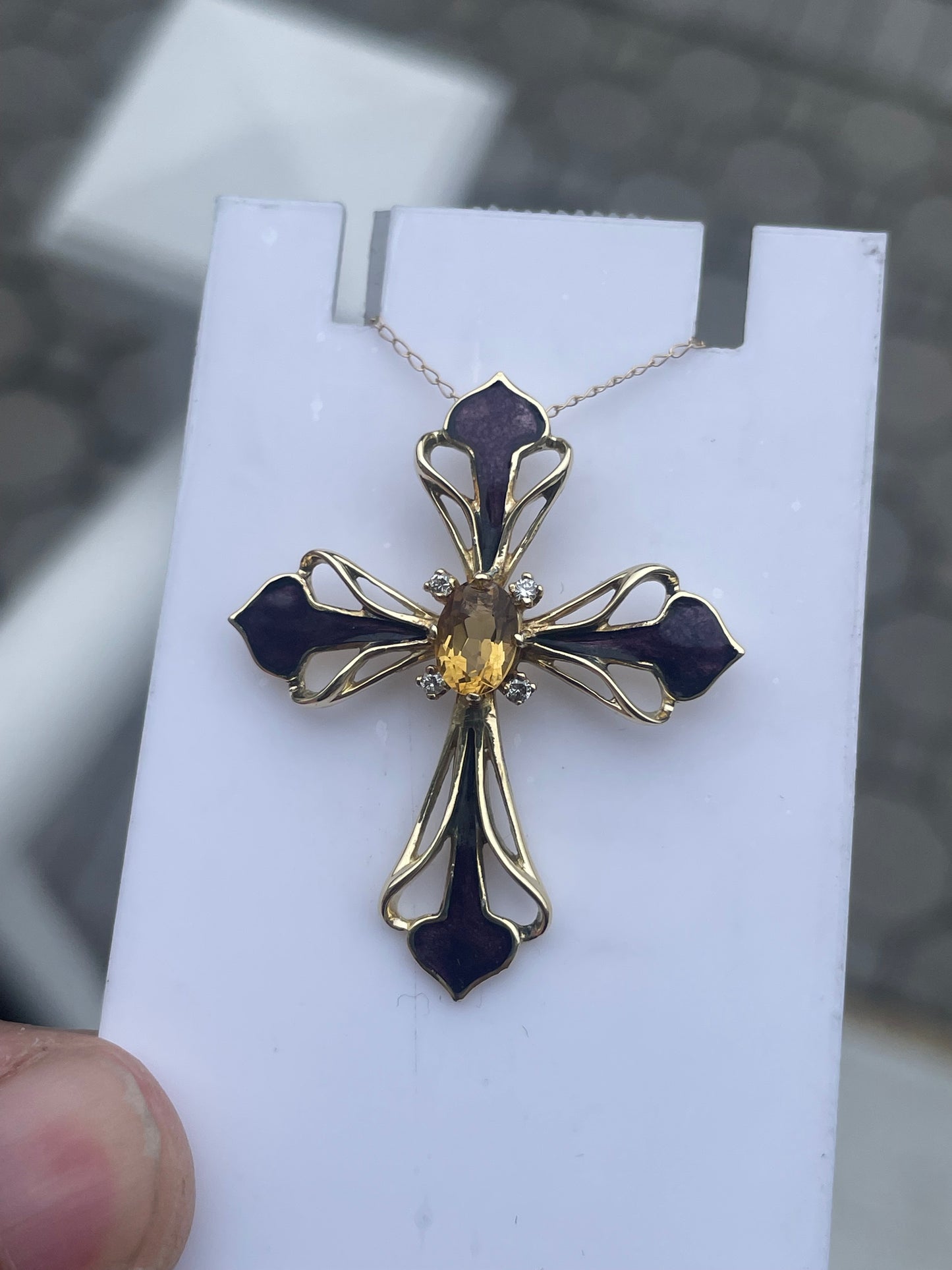 14k Gold Citrine Diamond & Purple Enamel Fancy Cross Necklace Signed FM 86.