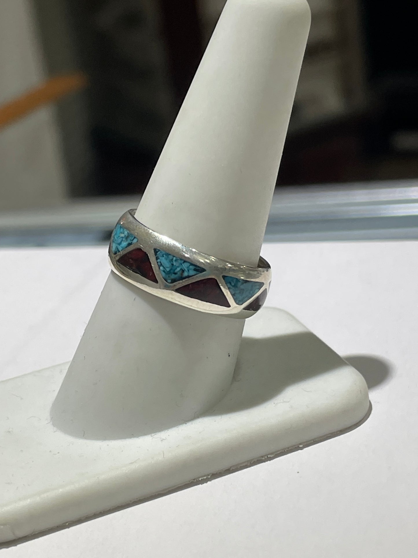 Sterling Silver Coral & Turquoise Zigzag Inlay Pattern Band Ring Size 9